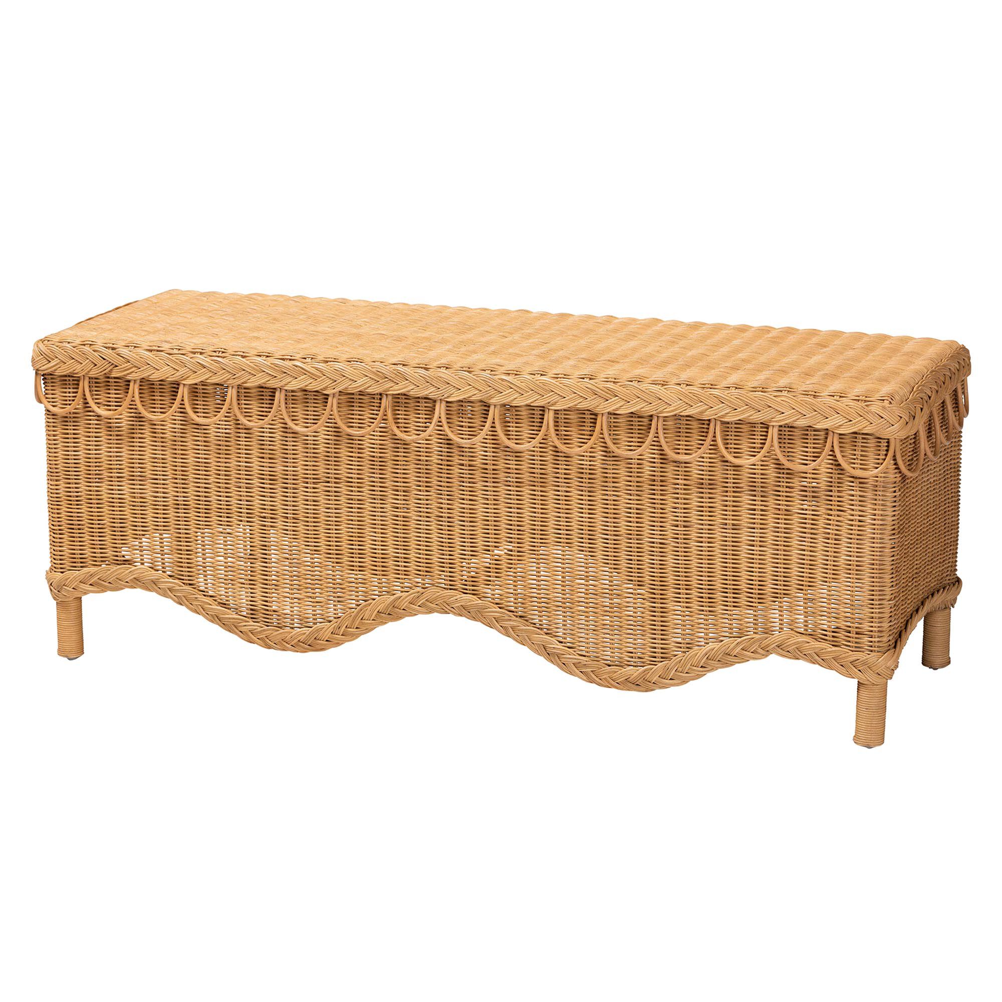 Erla Bohemian Light Honey Rattan Accent Bench with Scallop border, LIGHT, alternate image number 1