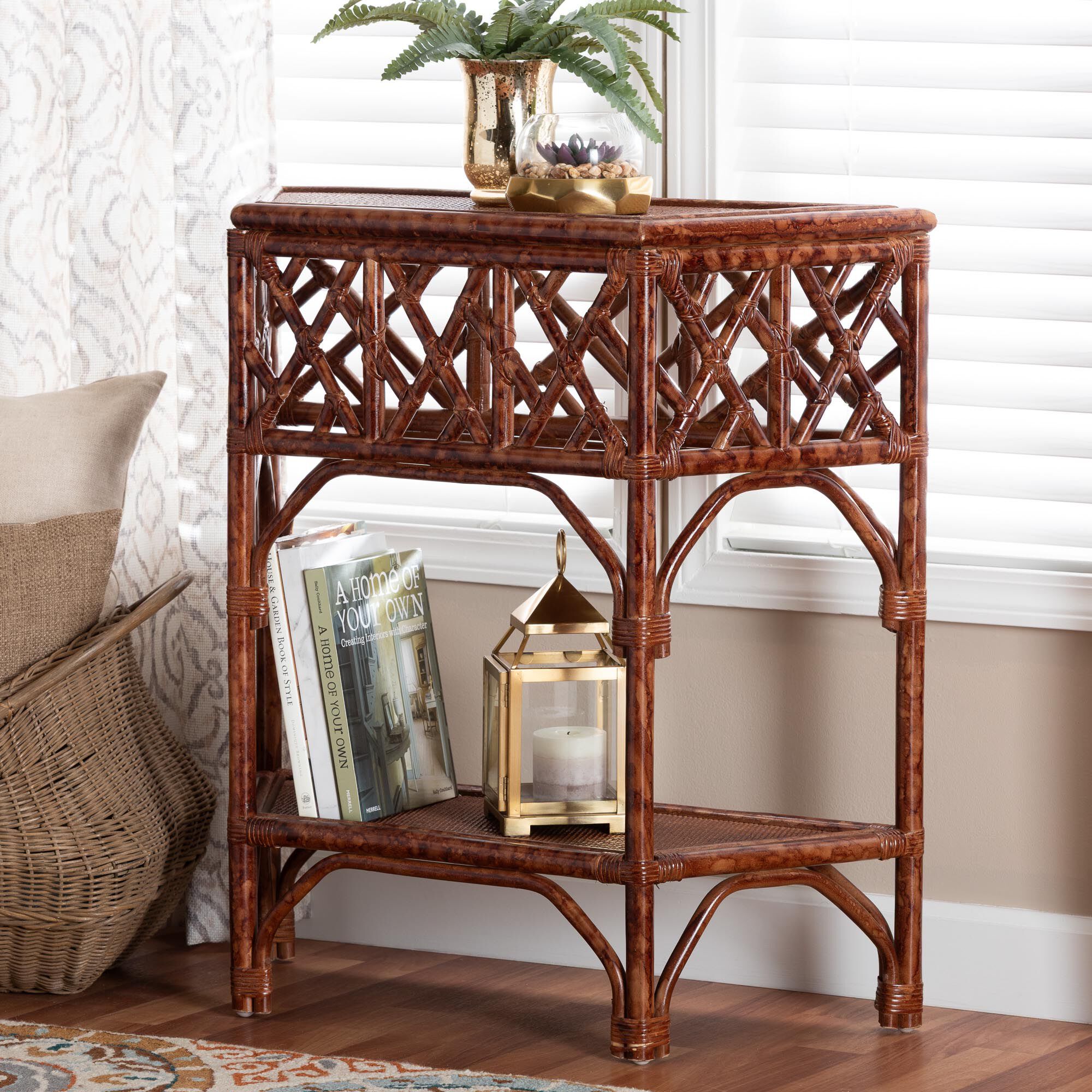 Gaspar Marbled Tortoise Natural Rattan Console Table, BROWN, hi-res image number 0