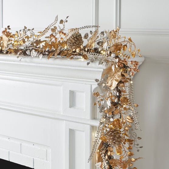 Pre-Lit Gold & Silver Garland, GOLD SILVER LIGHTS, hi-res image number null