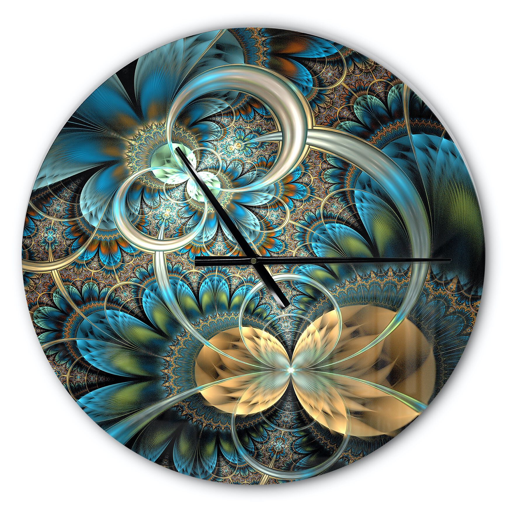 Symmetrical Blue Gold Fractal Flower Modern Wall Clock, , alternate image number 1