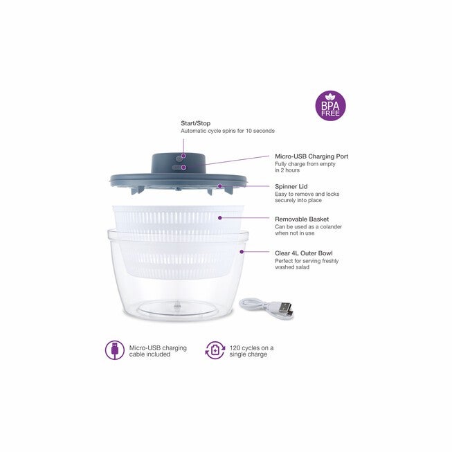 Cordlesss Rechargeable Salad Spinner, , alternate image number null