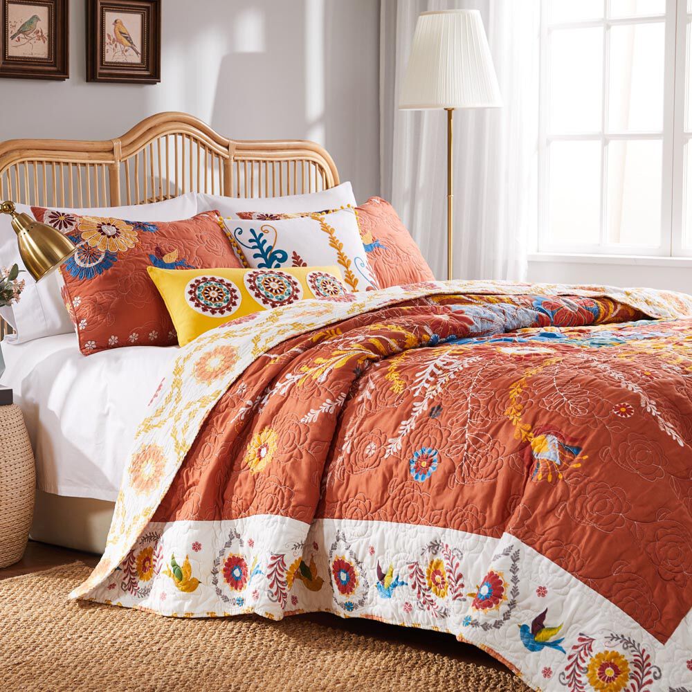 Topanga Floral Folk Art Cotton Quilt Set, MULTI, hi-res image number 0