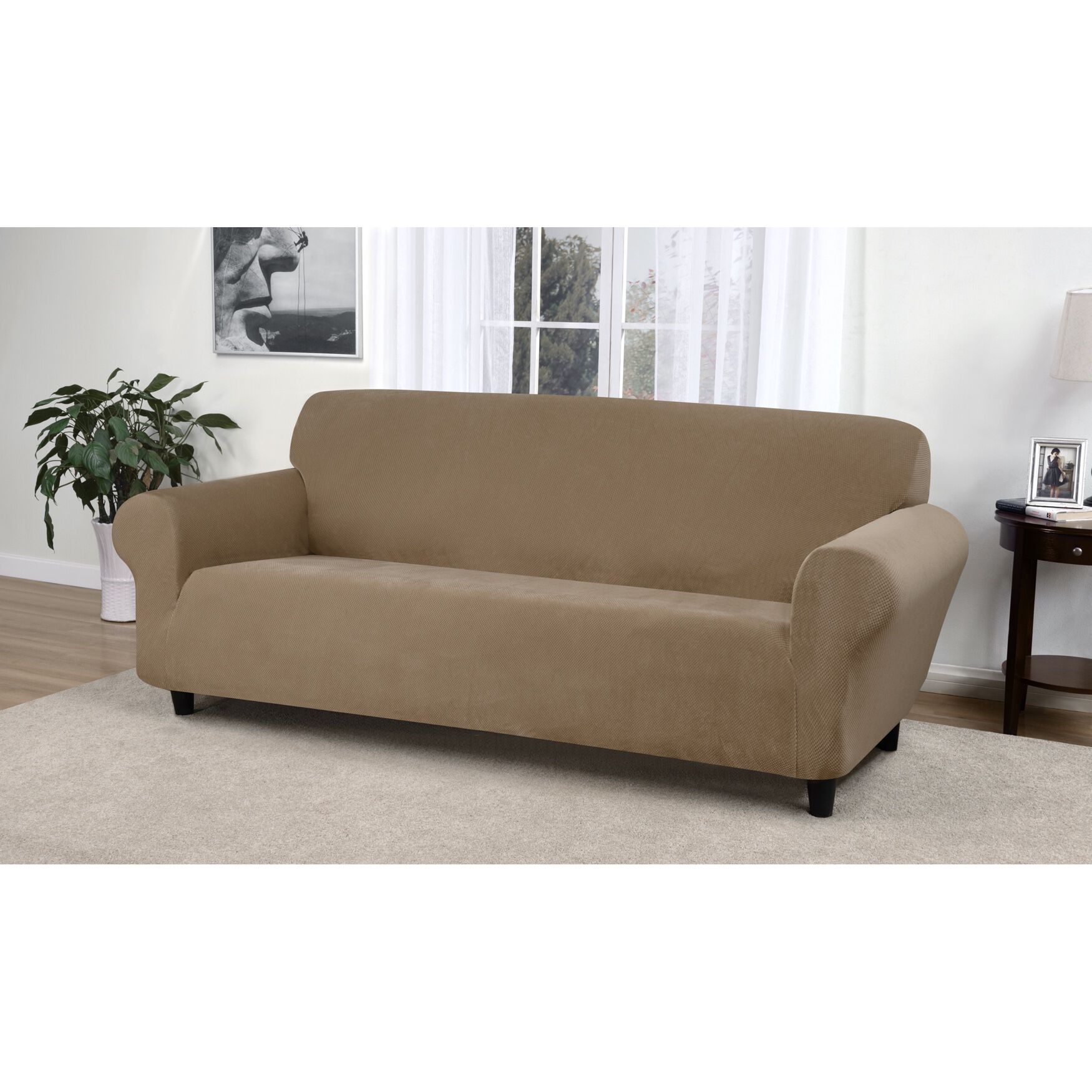 Kathy Ireland Knit Pique Sofa Slipcover Furniture Protector, BEIGE, hi-res image number 0