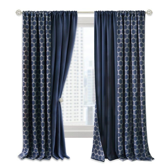 Prelude Reversible Blackout Rod Pocket Curtain Panel, NAVY, hi-res image number 0