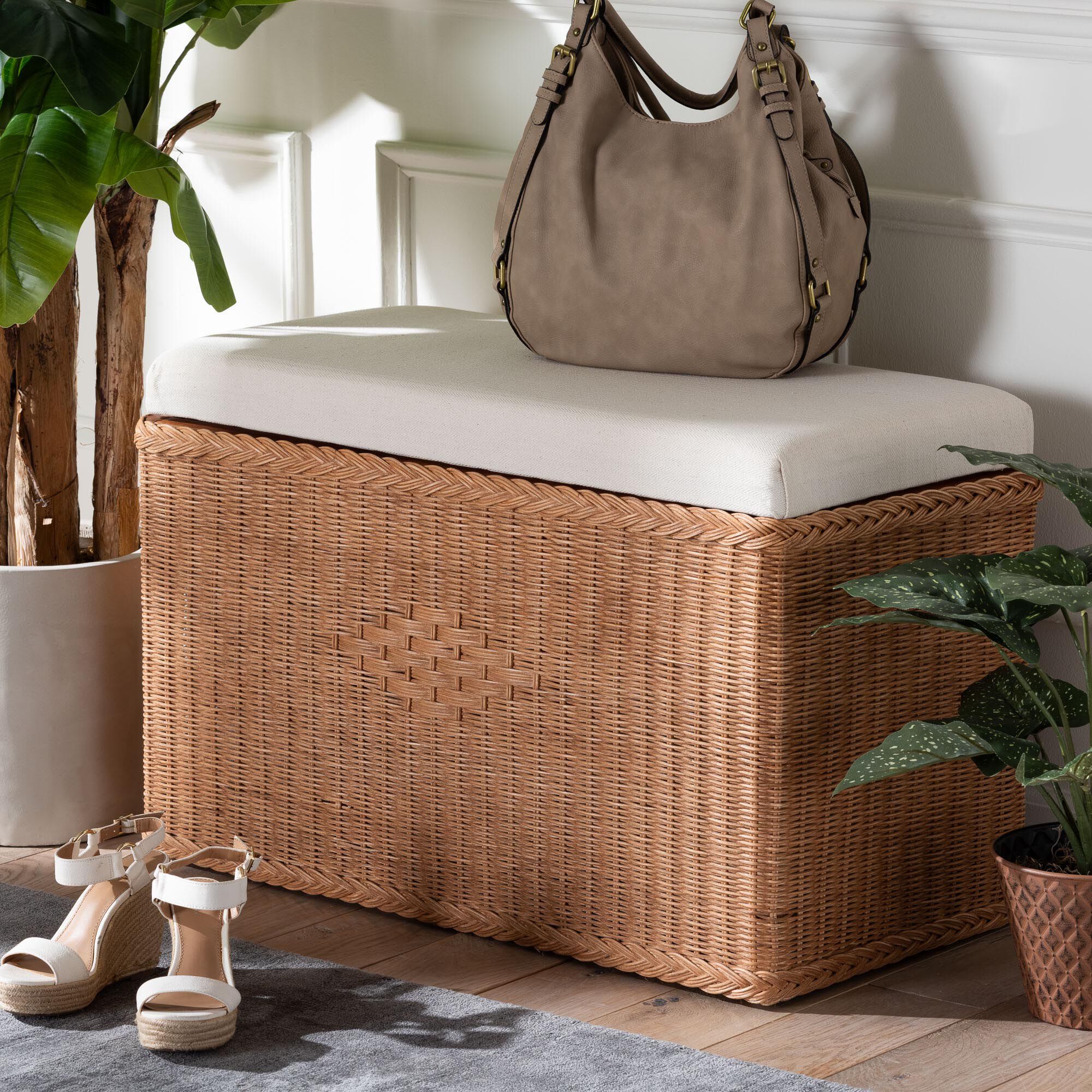 Eamon Braided Natural Rattan Storage Bench, BROWN, hi-res image number 0