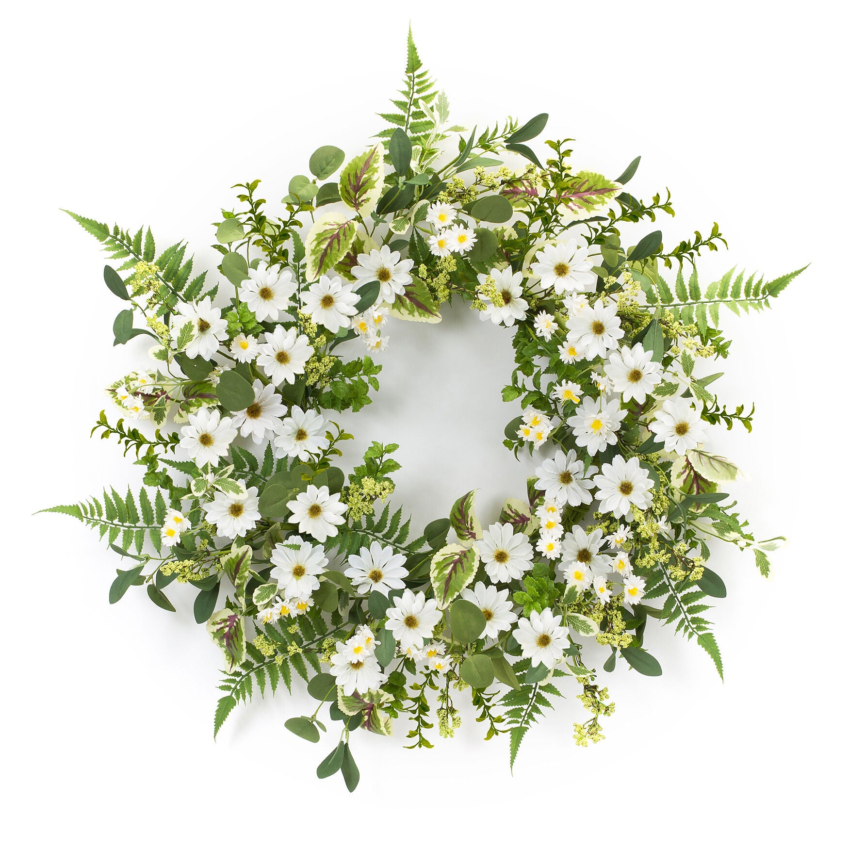 Mixed Fern And Daily Floral Wreath 22.5 inchesD, WHITE, hi-res image number 0