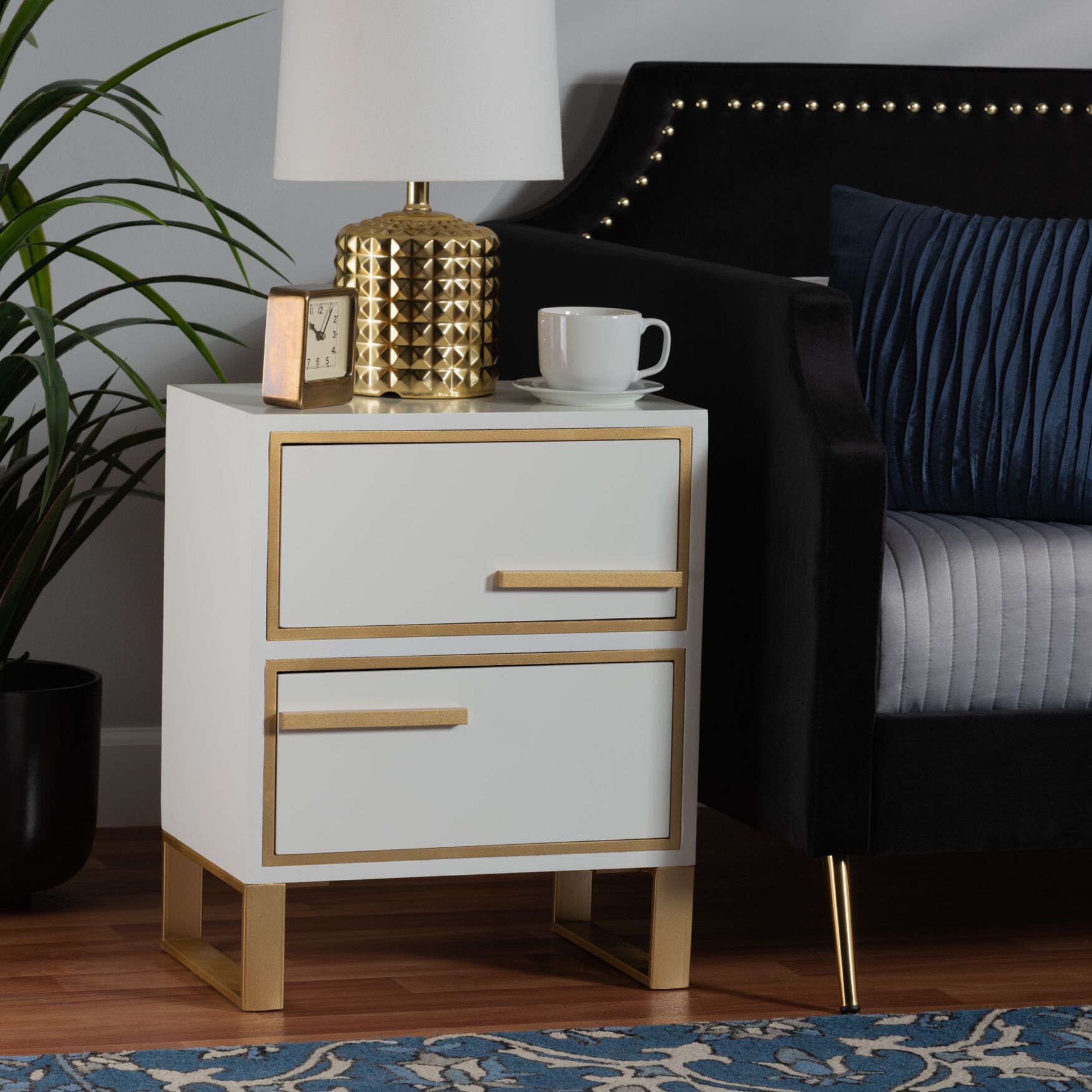 Giolla Contemporary Glam And Luxe White Finished Wood And Gold Metal 2-Drawer Nightstand, , alternate image number 7