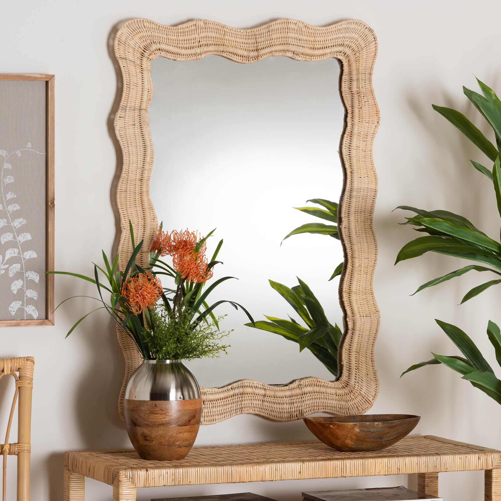 Hasana Bohemian Natural Scallop Rattan Accent Wall Mirror, NATURAL, hi-res image number 0