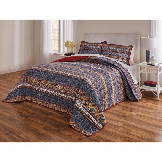 3-PC.Global Stripe Printed Bedspread, BLUE MULTI, hi-res image number null
