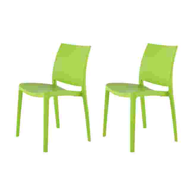 Two lime green stackable outdoor dining chairs on a white background.