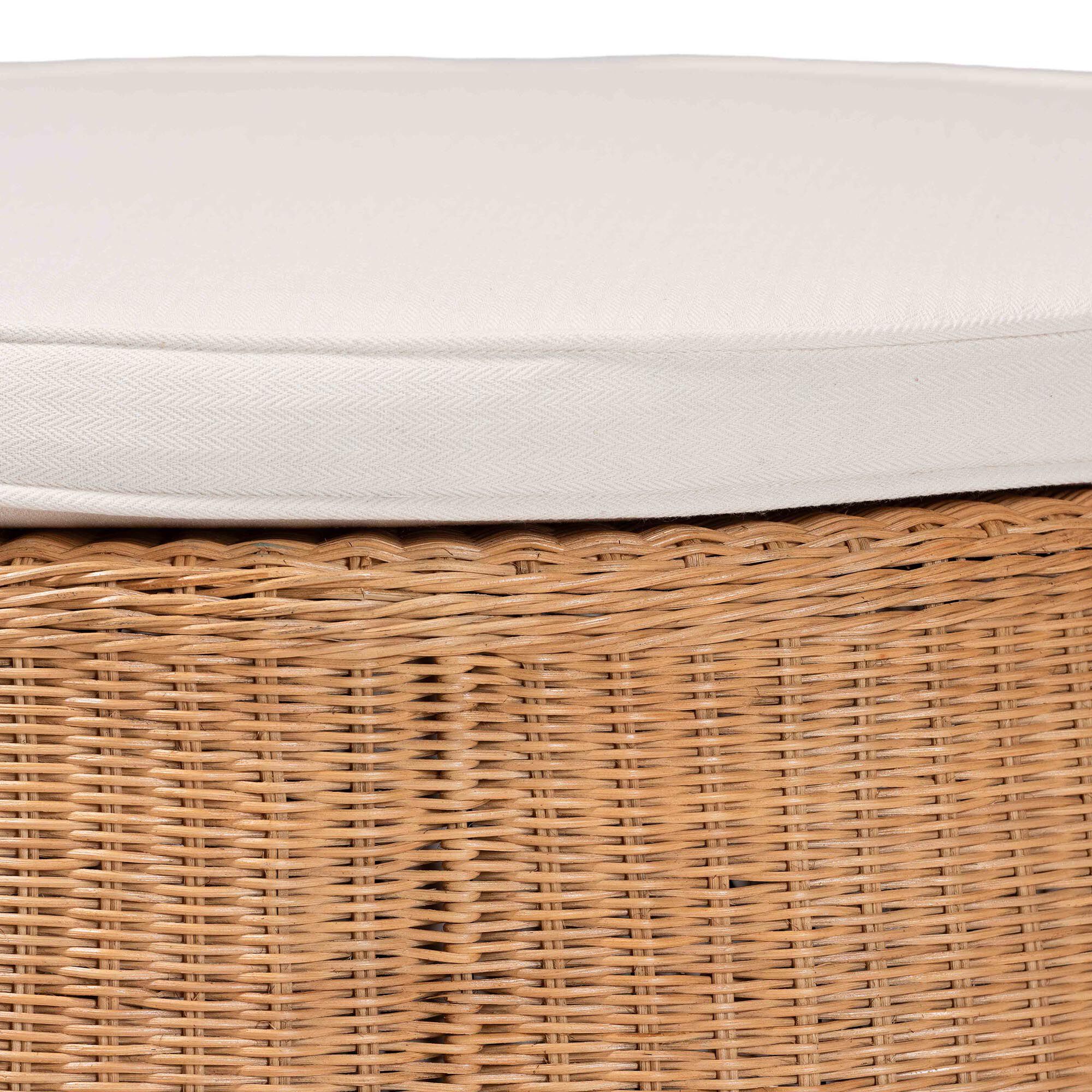Close-up of woven rattan texture on round ottoman