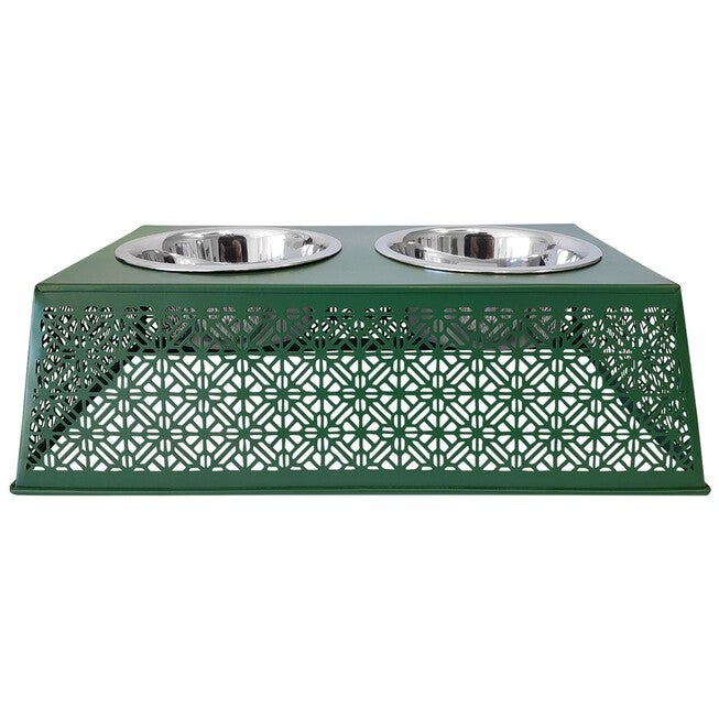 Dark Green Raised Pet Dog Feeder with Bowls, GREEN, hi-res image number null