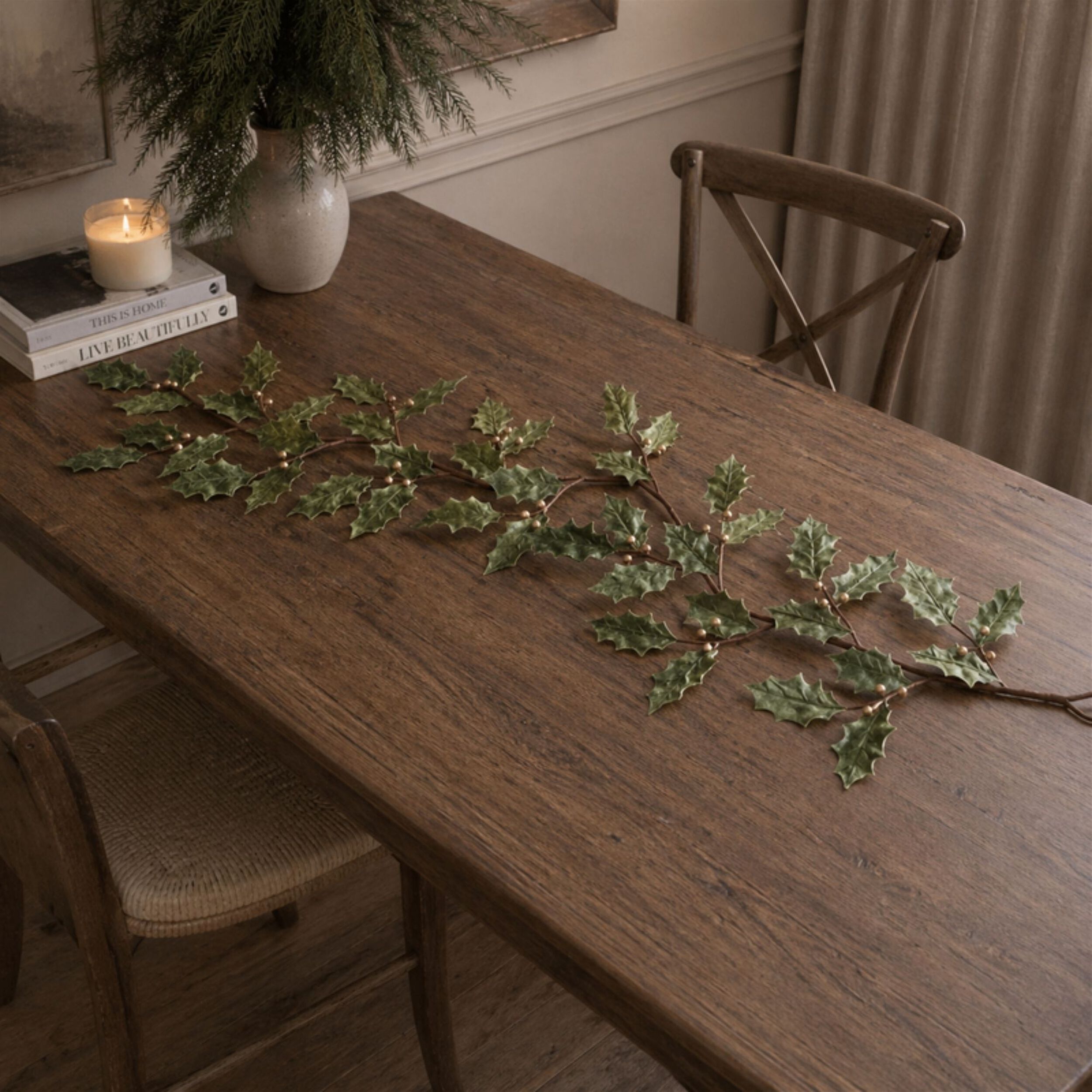 Glittered Holly Leaf Garland (Set of 2), GREEN GOLD, alternate image number 1