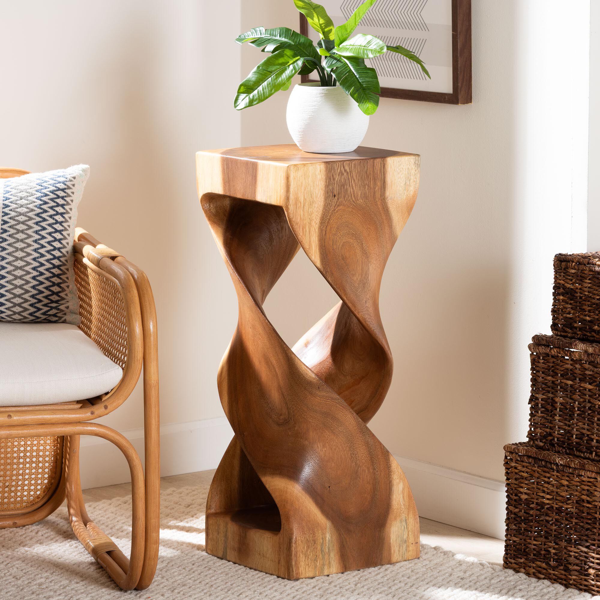 Rapha Suar Wood Accent Table - Hand-Carved Sculptural Pedestal Stand with Twist Design, BROWN, hi-res image number 0