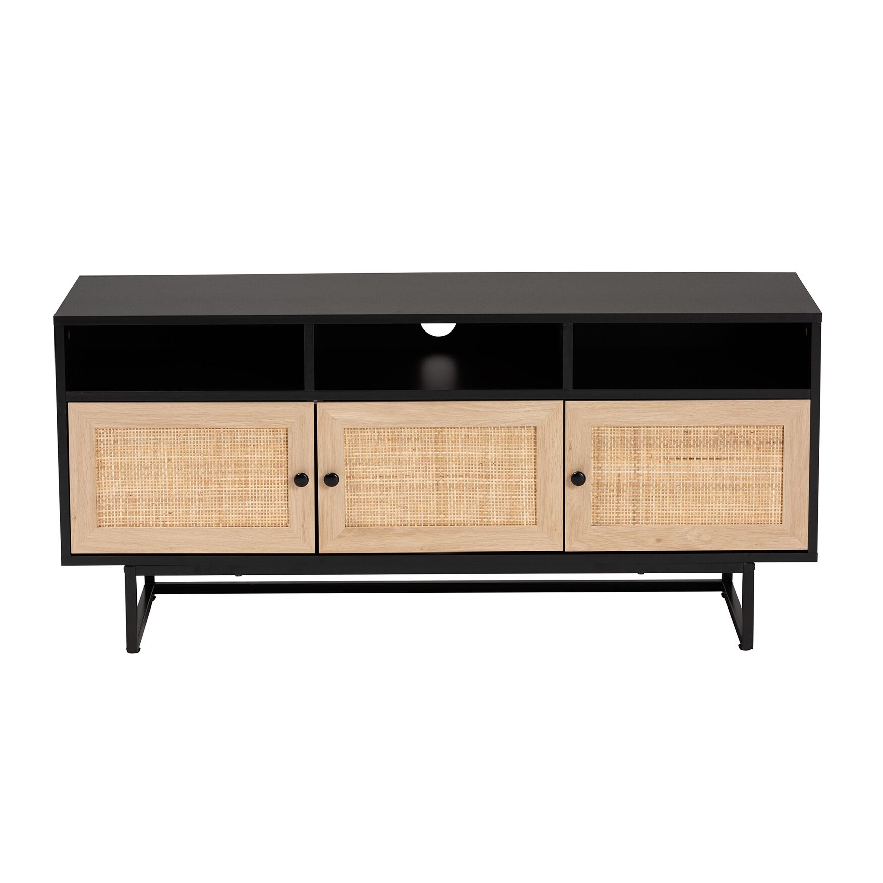 Declan Mid-Century Modern Espresso Brown Finished Wood And Natural Rattan 3-Door Tv Stand, , alternate image number 2