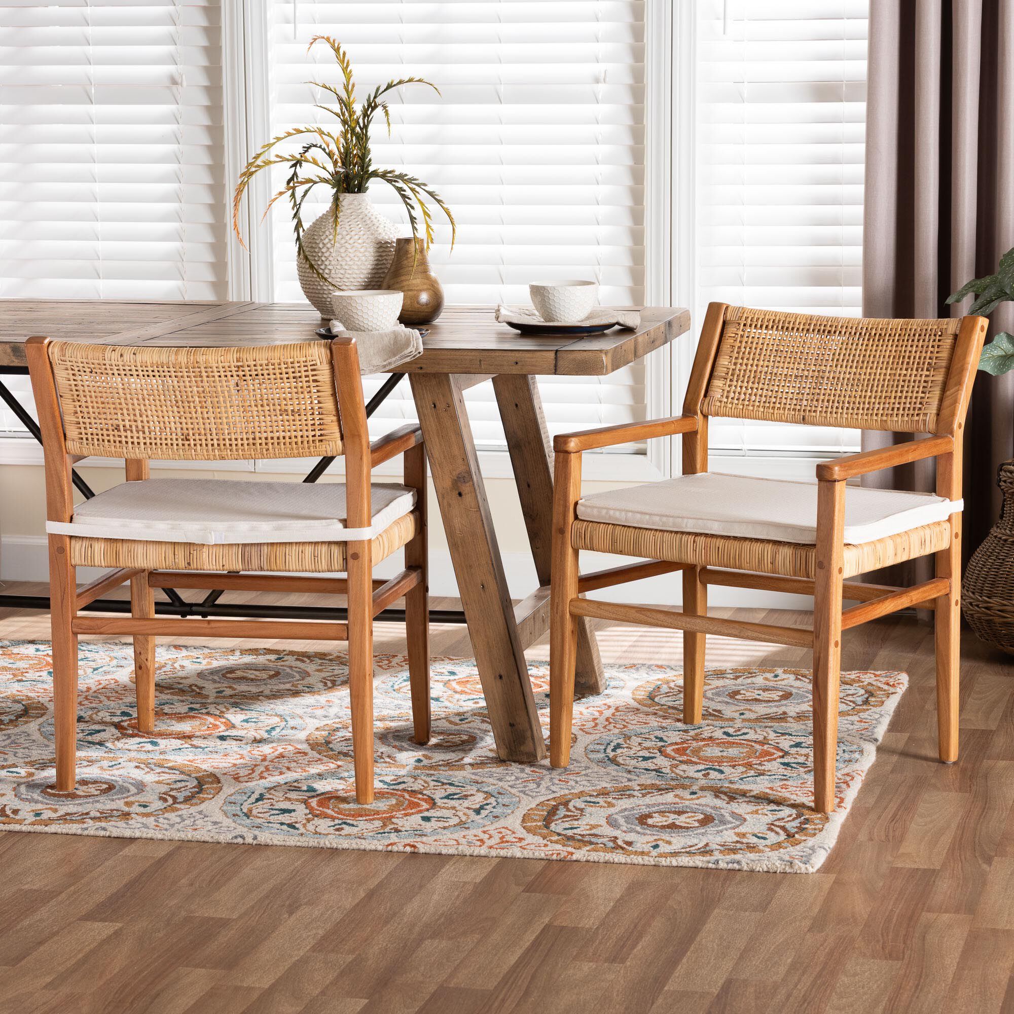 Chatura Natural Rattan and Mahogany Wood 2-Piece Dining Armchair Set, HONEY, hi-res image number 0