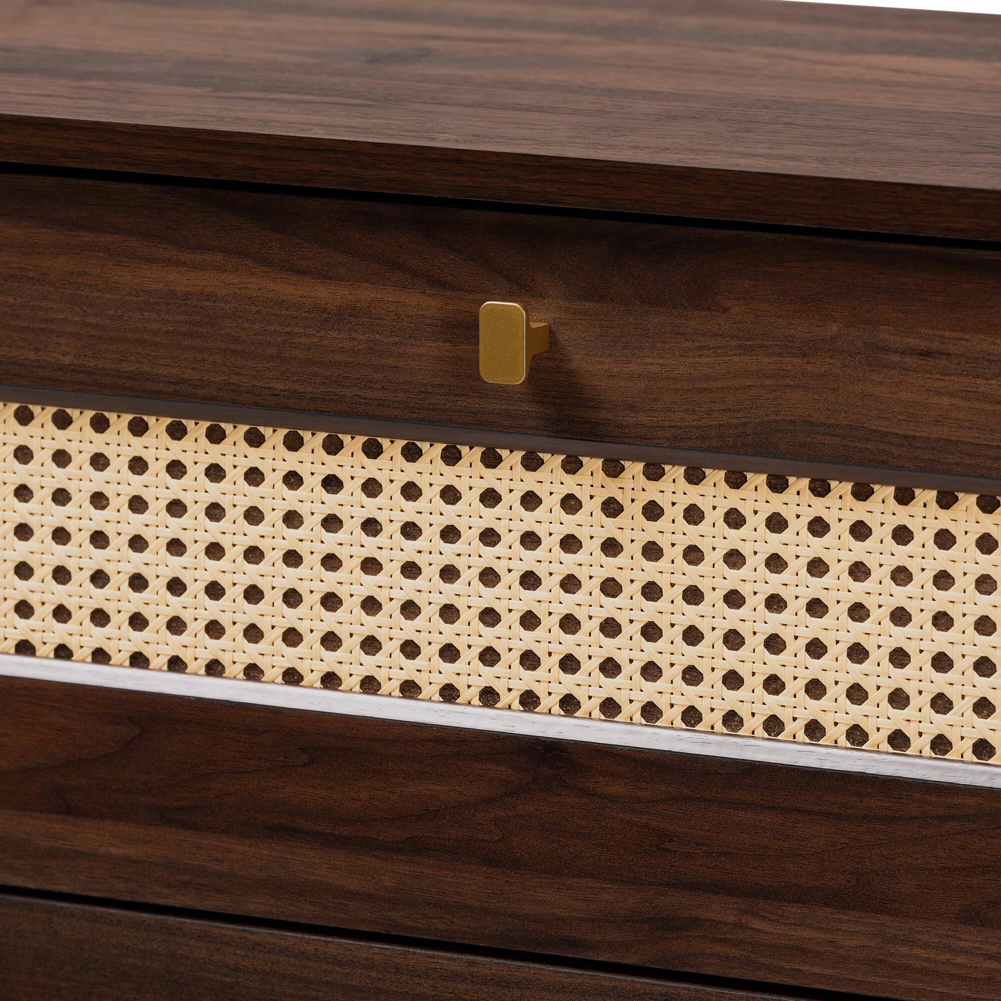 Jenibelle Classic Walnut Brown Wood 5-Drawer Chest with Rattan Drawer, BROWN, alternate image number 6