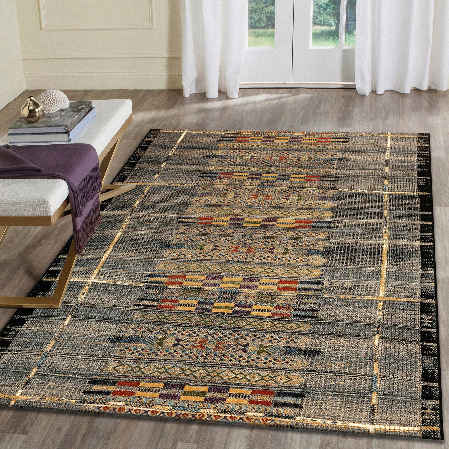 Liora Manne Marina Tribal Stripe Indoor/Outdoor Area Rug Black 8 feet 10 inches x 11 feet 9 inches, , alternate image number 9