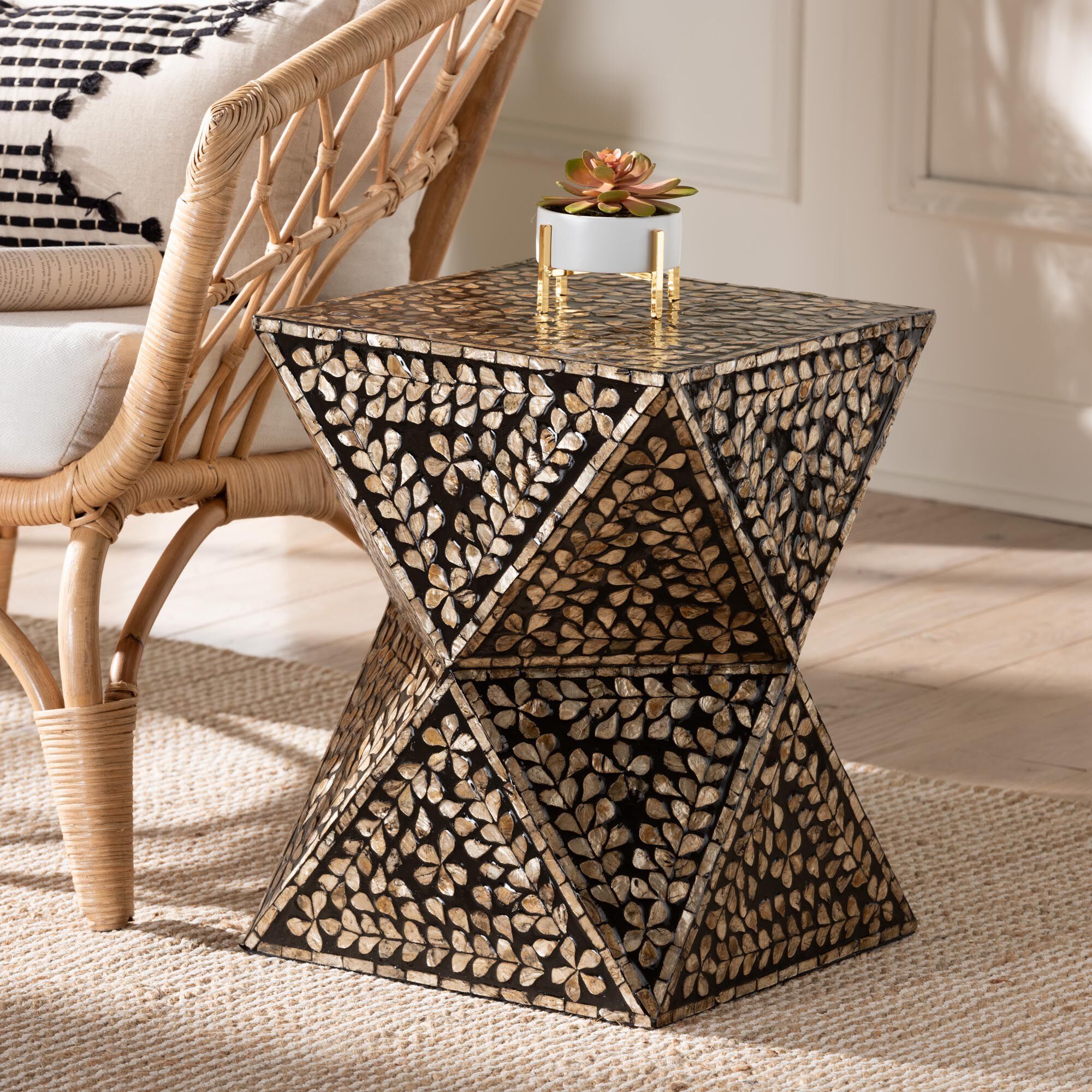 Feronia Modern Bohemian Black and Bronze Mother of Pearl End Table, BLACK, alternate image number 7