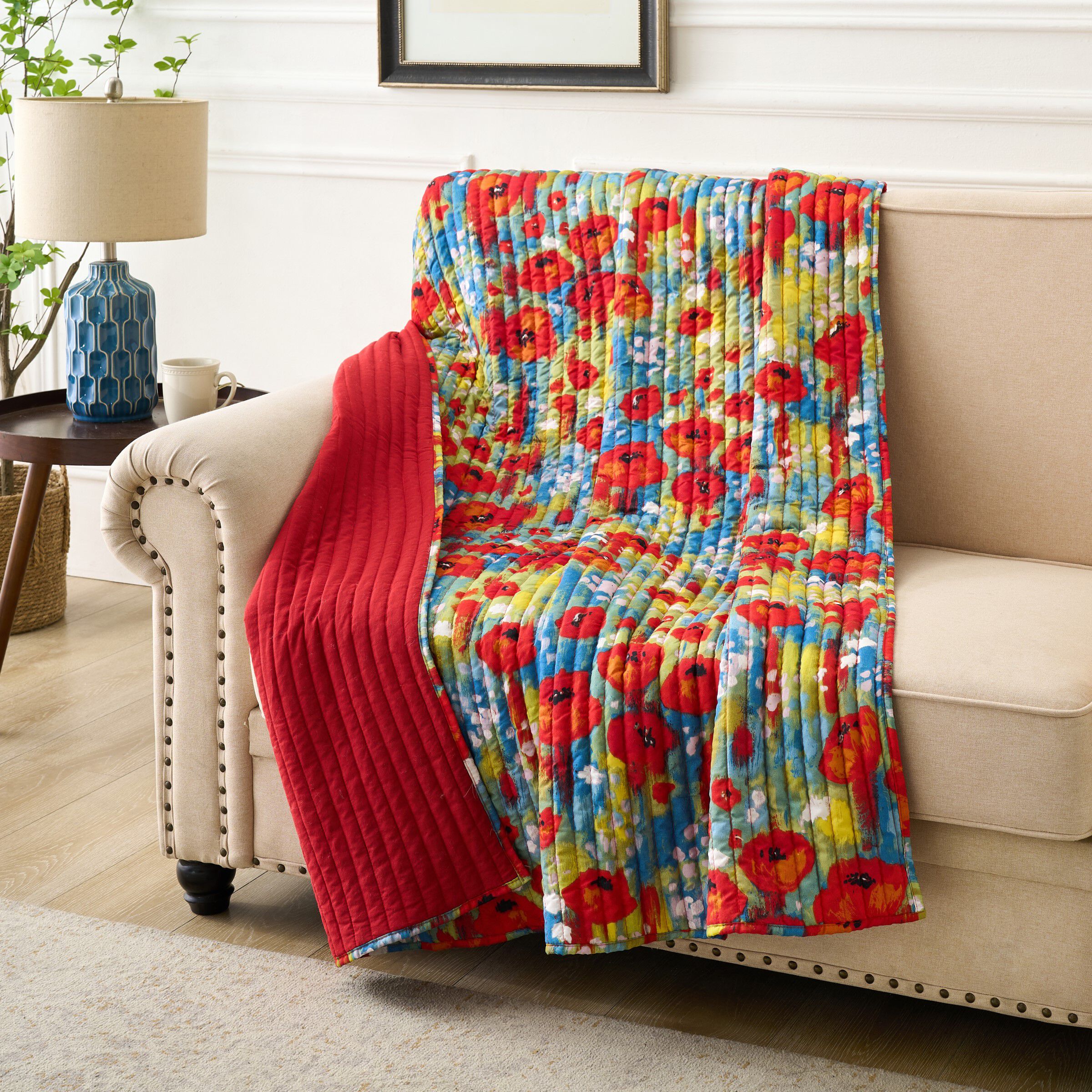 Poppies Modern Floral Quilted Throw Blanket, RED, hi-res image number 0