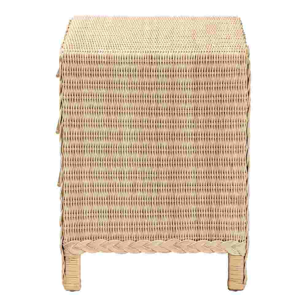 Sun-bleached rattan nightstand side view with woven body