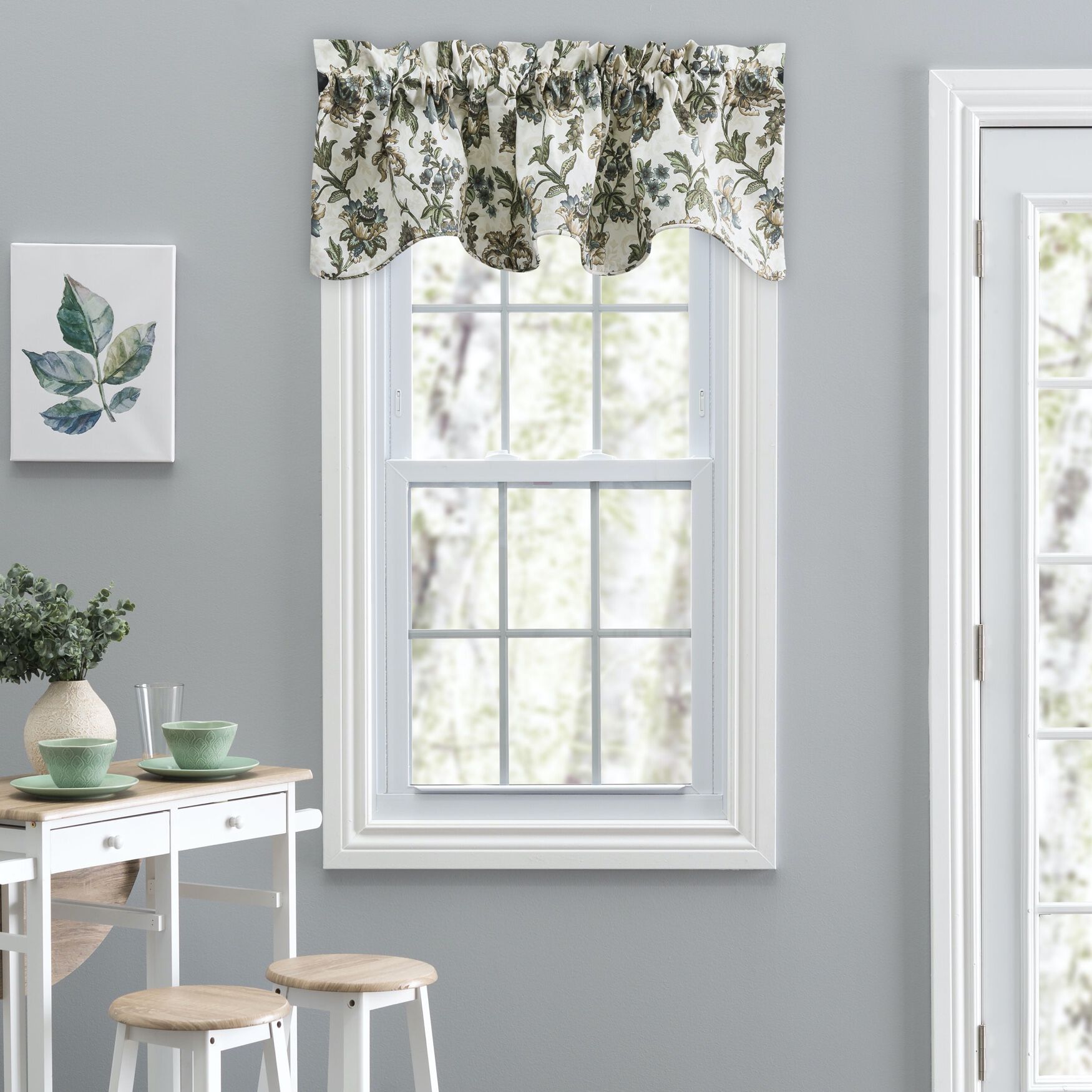 Madison Floral- Multi Colored Jacobean Floral- Lined Scallop Valance, BLUE, hi-res image number 0