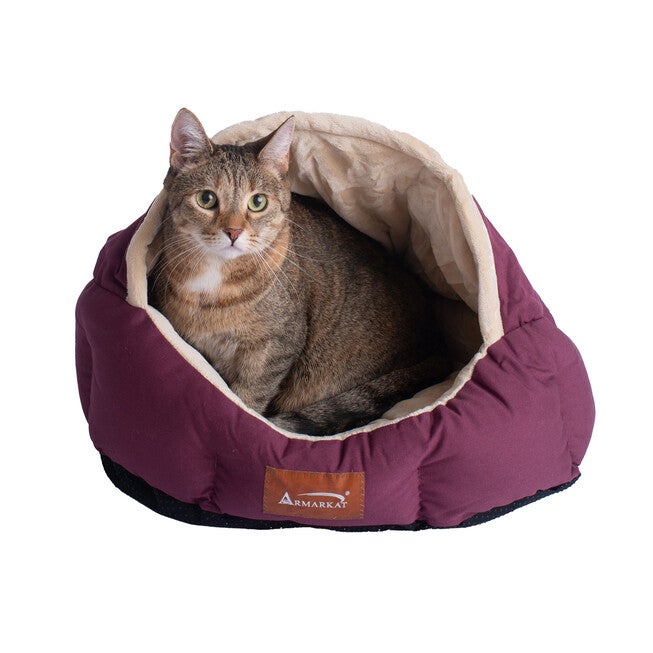 Cat Bed, Small Dog Pet Bed, BURGUNDY BEIGE, hi-res image number 0