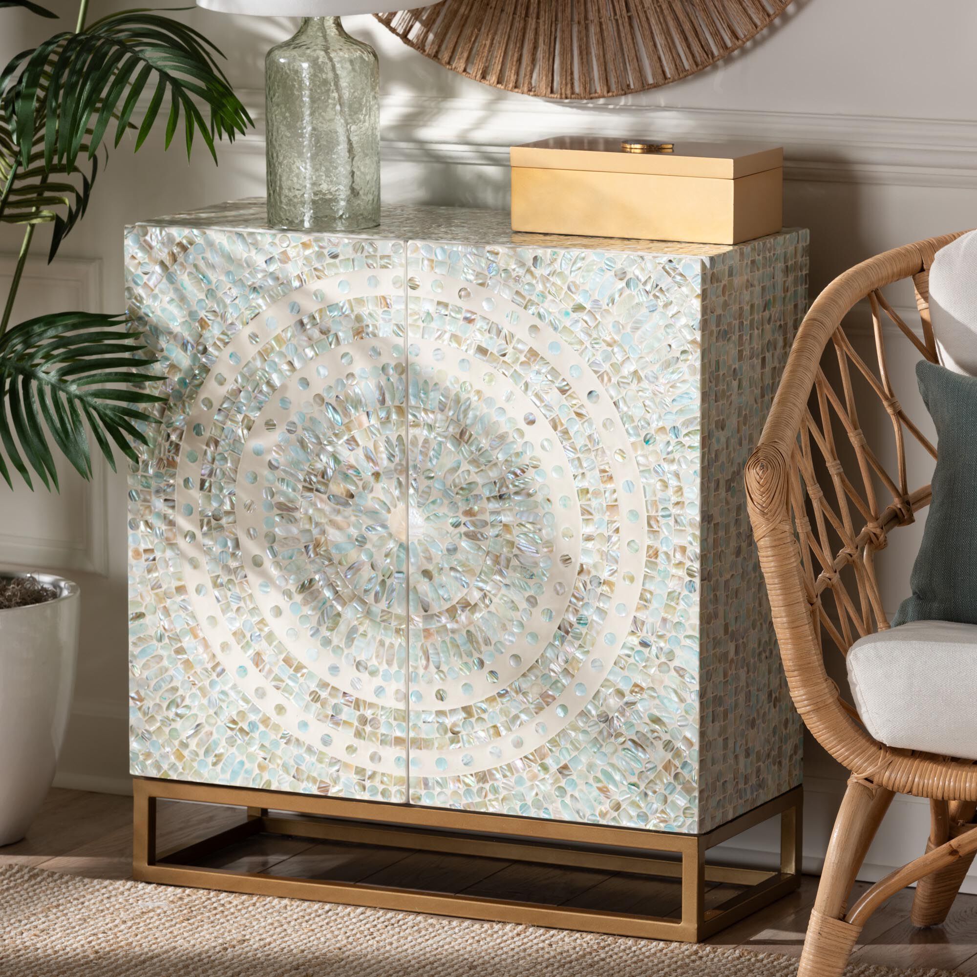 Quintus Modern Bohemian Multicolor Mother of Pearl and Gold Metal Storage Cabinet, MULTICOLOR, hi-res image number 0