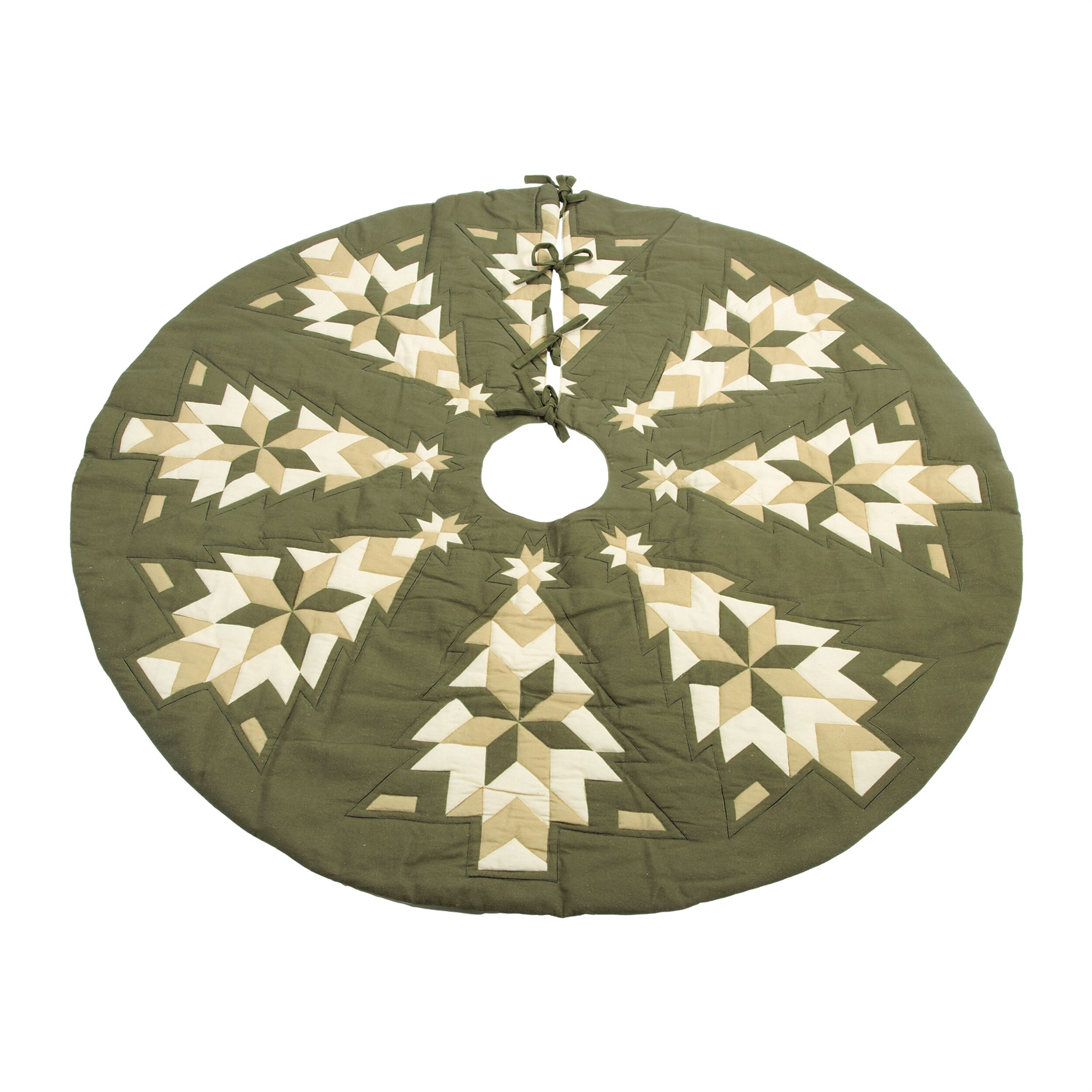 Patchwork Tree & Star Christmas Tree Skirt 48 inchesD, GREEN BEIGE, hi-res image number 0