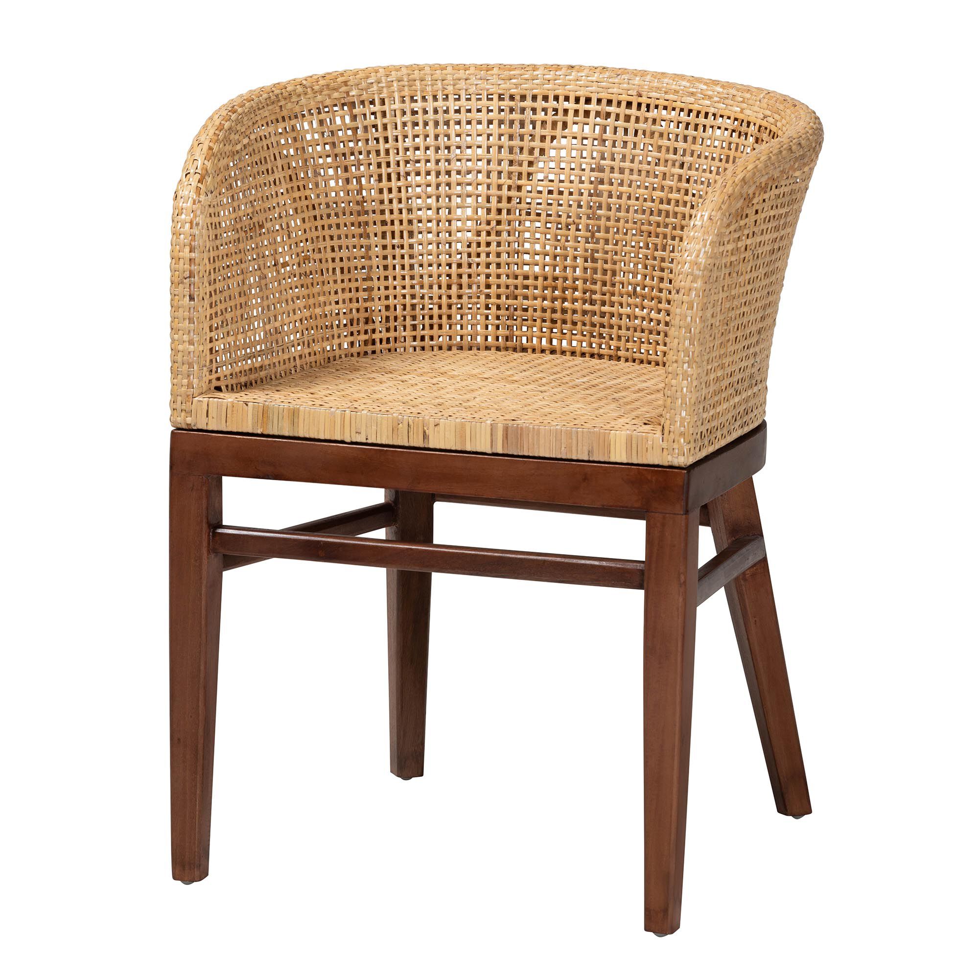 Papua Modern Bohemian Natural Rattan and Walnut Brown Acacia Wood Dining Chair, BROWN, alternate image number 2