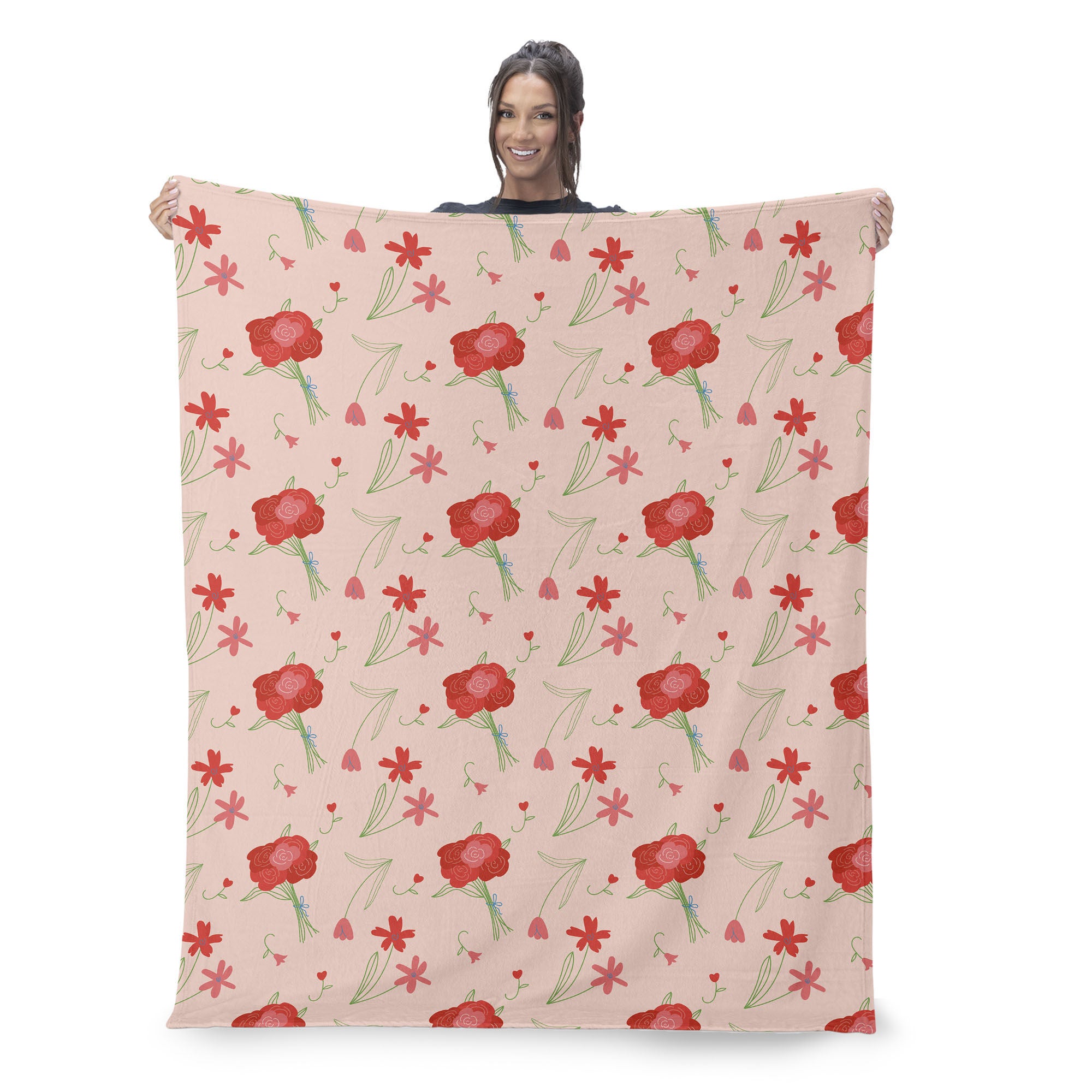 Valentine's Day Flowers Silk Touch Sherpa Throw Blanket 50x60 Inches, RED, on-hover image number 1