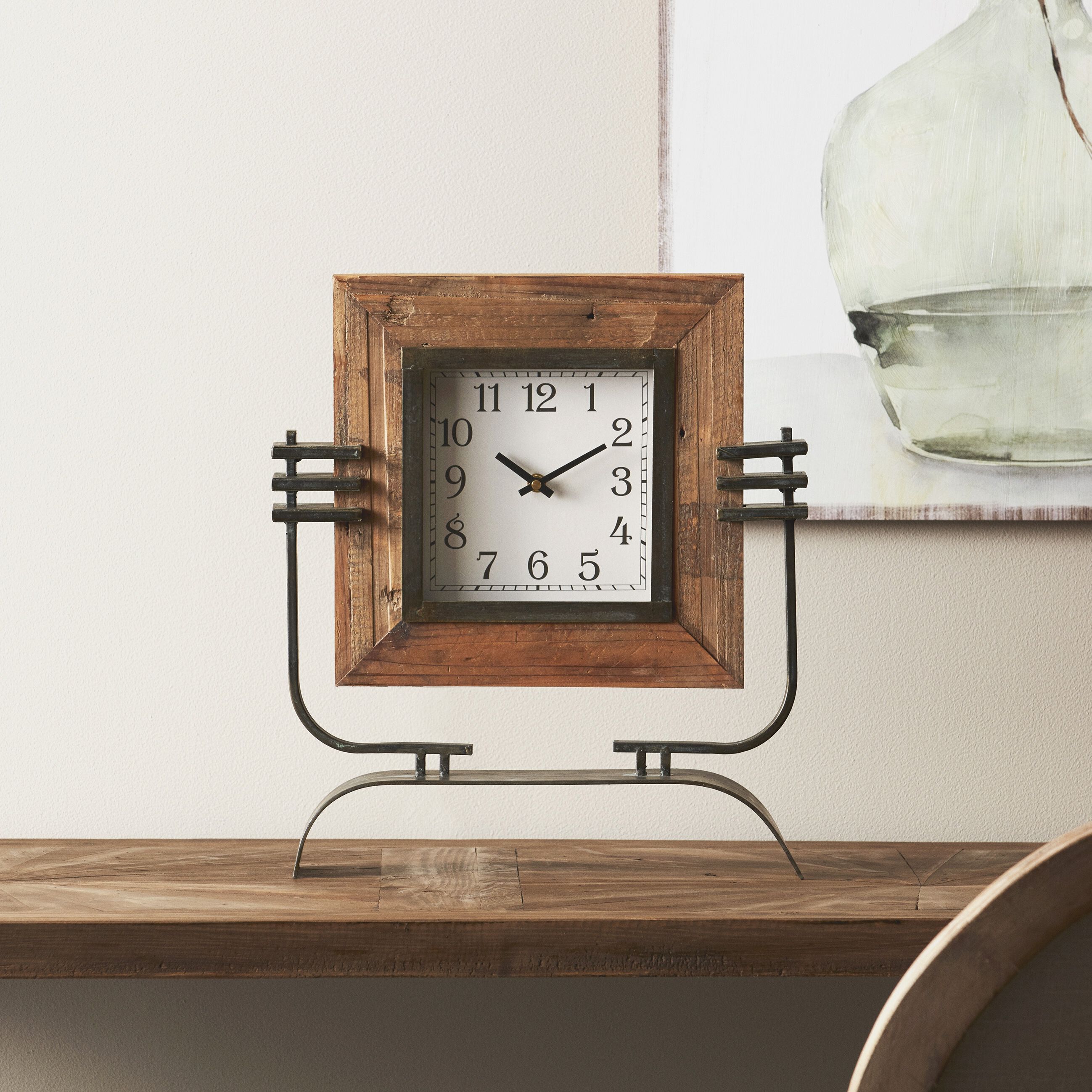 Clock On Stand 15 inches x 17.5 inchesH Iron/Wood, BROWN, alternate image number 1