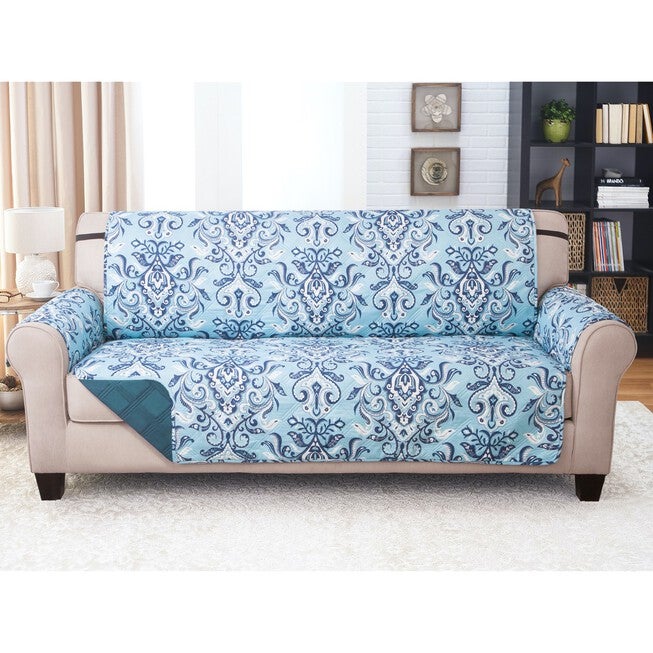 Printed Reversible Quilted Sofa Protector, BLUE, hi-res image number null