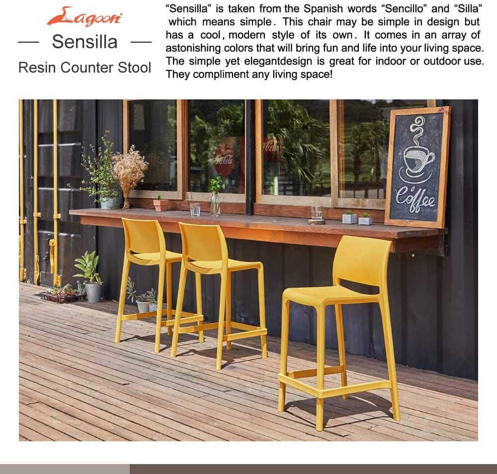 Outdoor resin counter stools arranged along a wooden deck bar.
