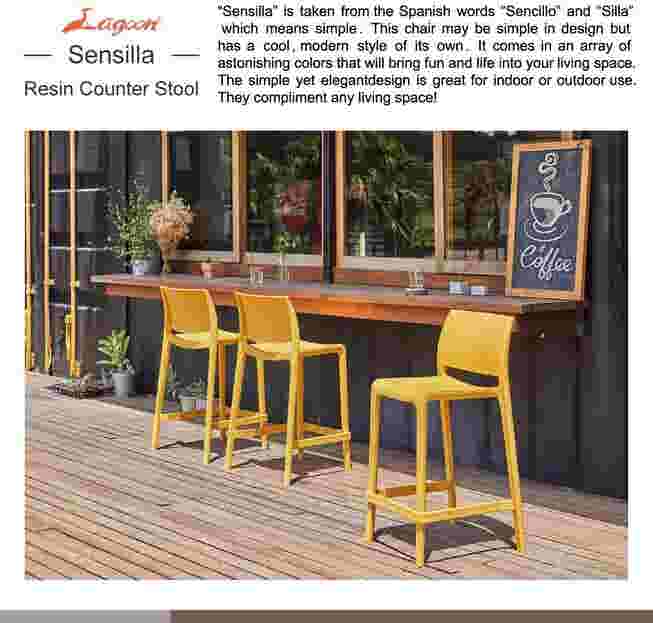 Outdoor resin counter stools arranged along a wooden deck bar.
