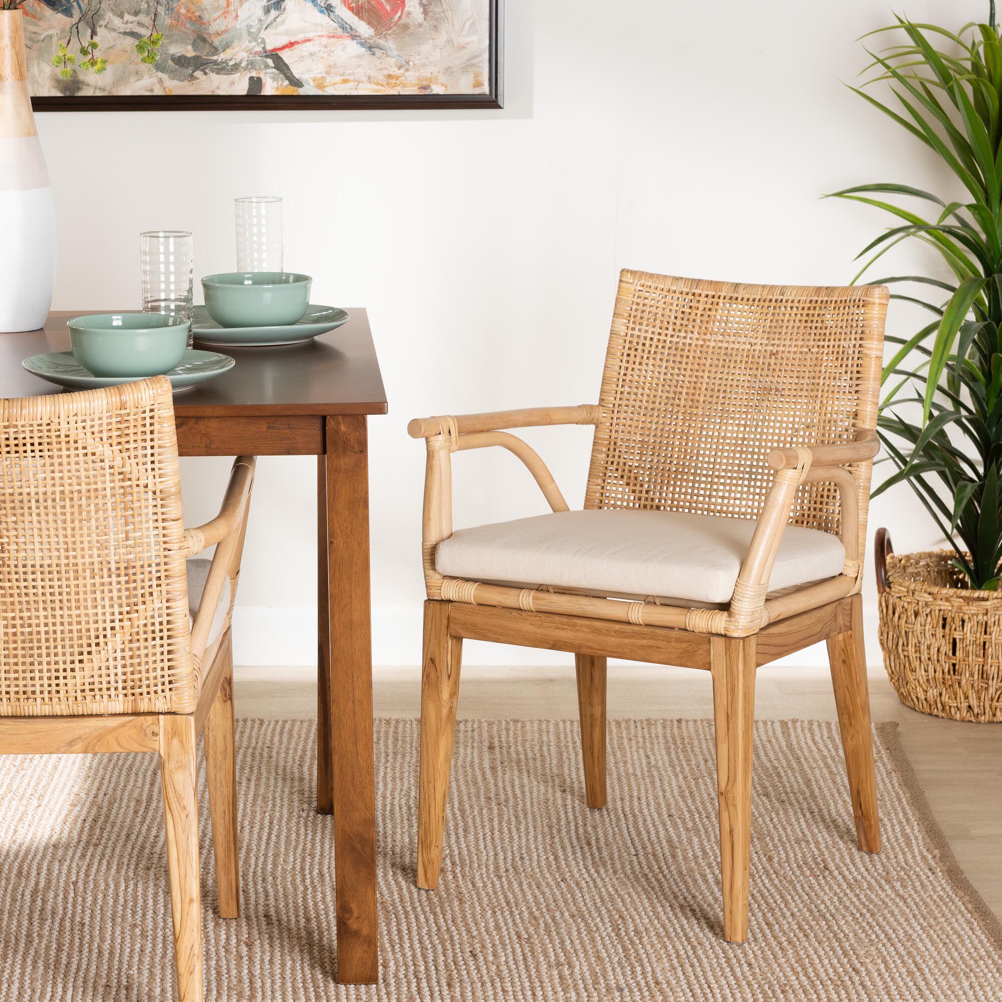 Storsel Modern Bohemian Natural Brown Finished Teak Wood and Rattan Dining Chair, CREAM, hi-res image number 0
