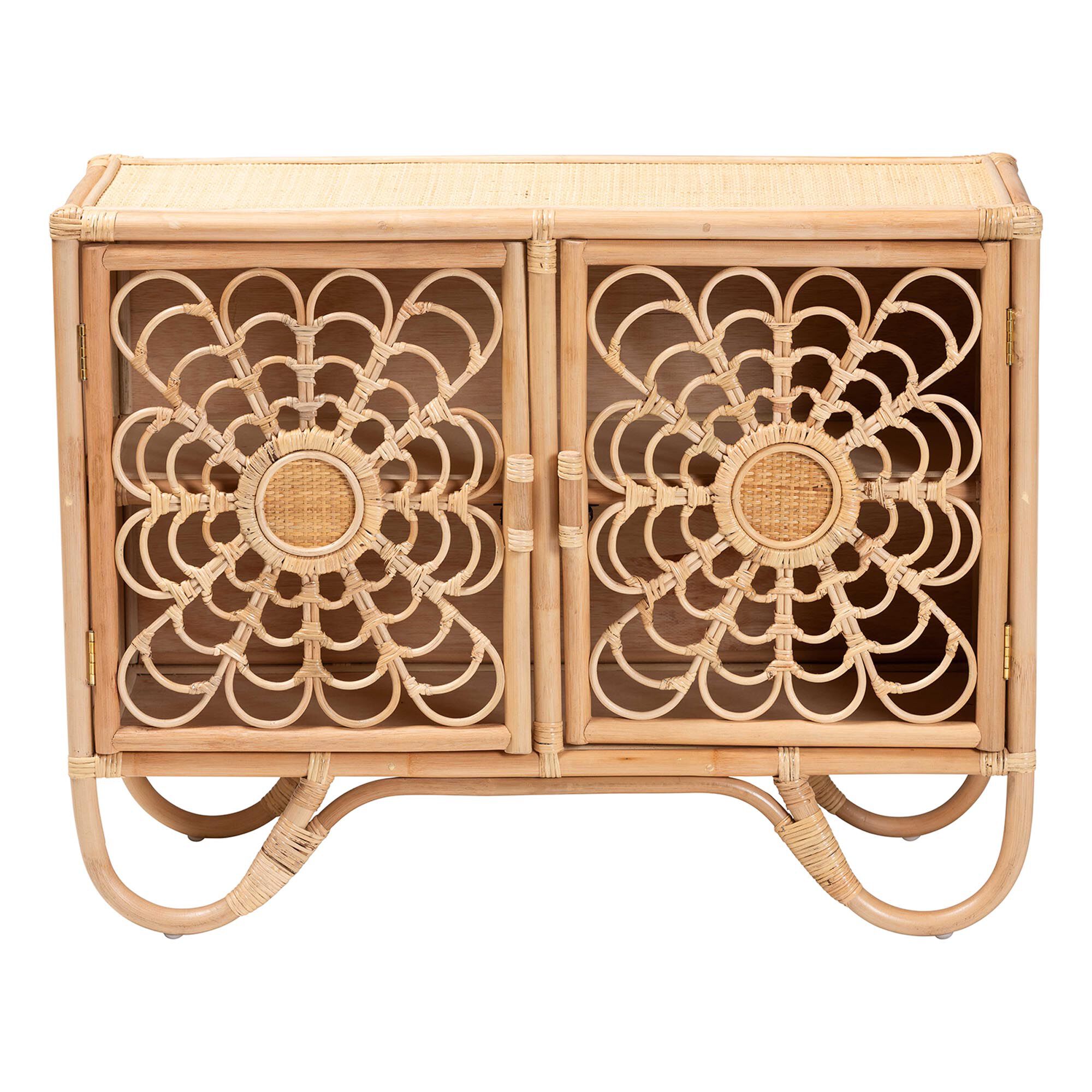 Acelin Natural Rattan Storage Cabinet - Handcrafted Boho Accent Console with Floral Woven Doors, NATURAL, alternate image number 3