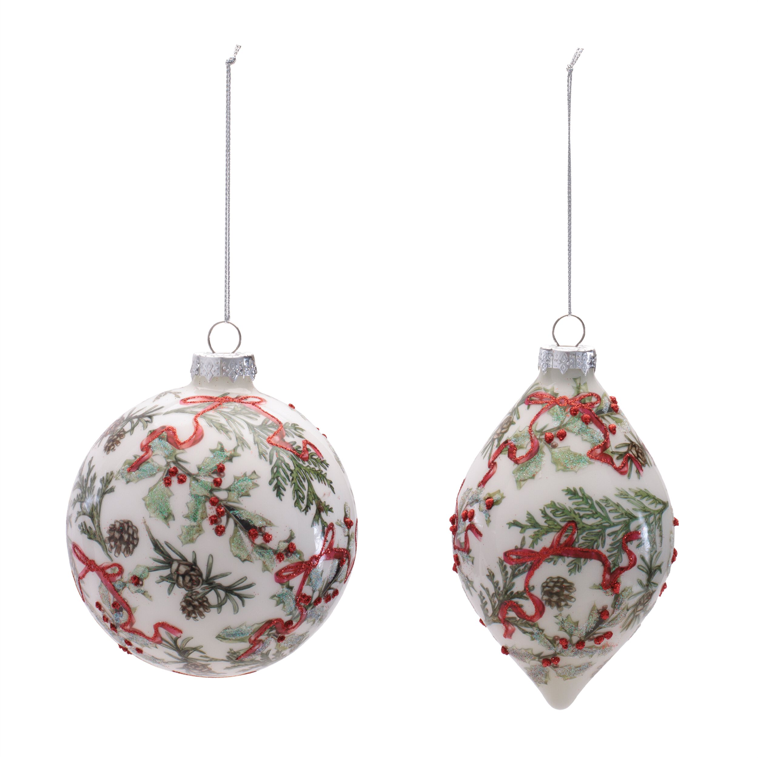 Holiday Botanical Glass Ornament (Set of 6), WHITE GREEN RED, alternate image number 1