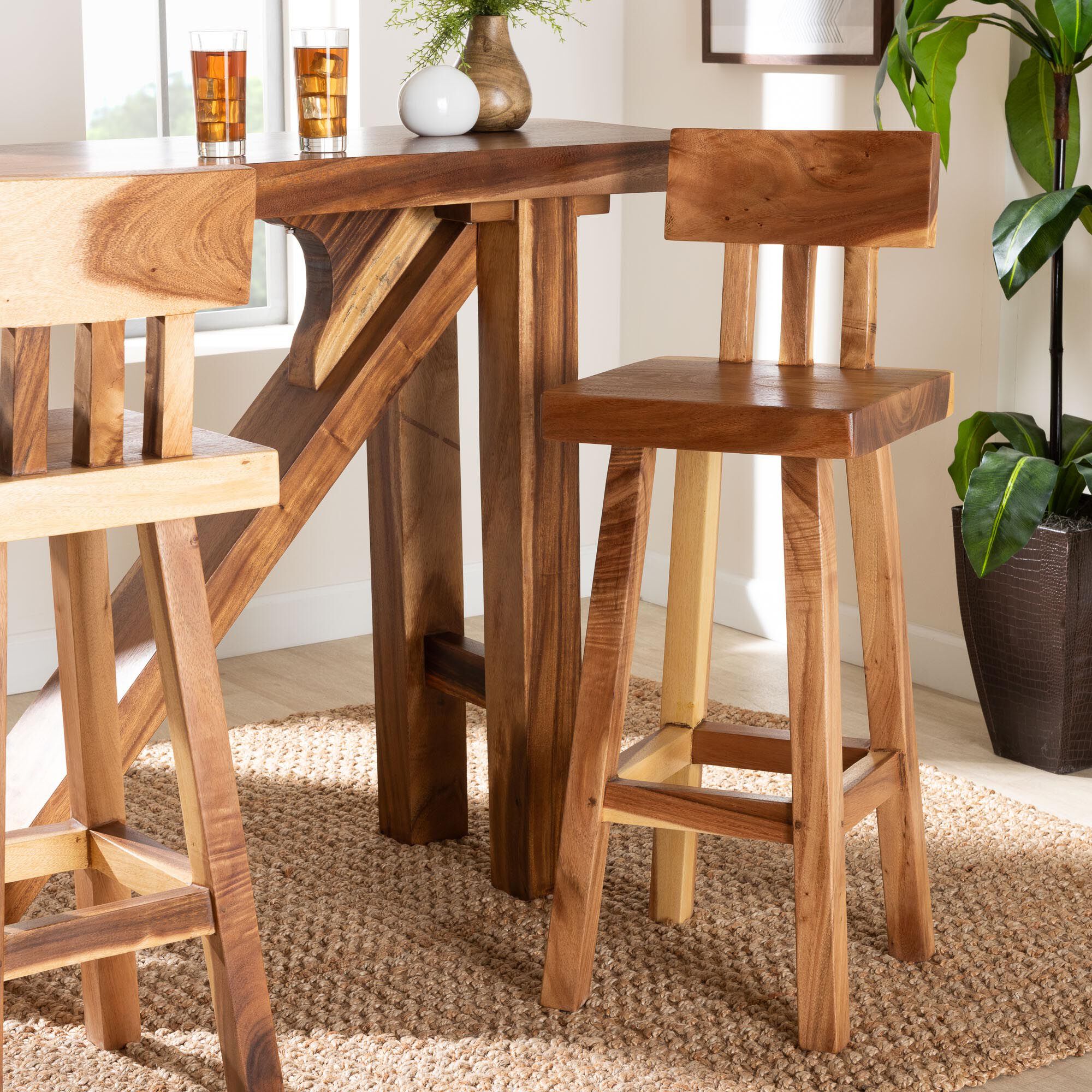 Luli Suar Wood Bar Stool - Handcrafted Solid Wood Stool with Backrest, BROWN, hi-res image number 0
