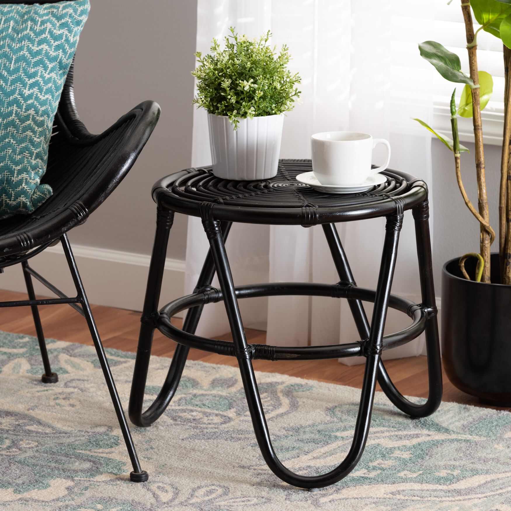 Pertessa Modern Bohemian Black Finished Rattan End Table, , alternate image number 4