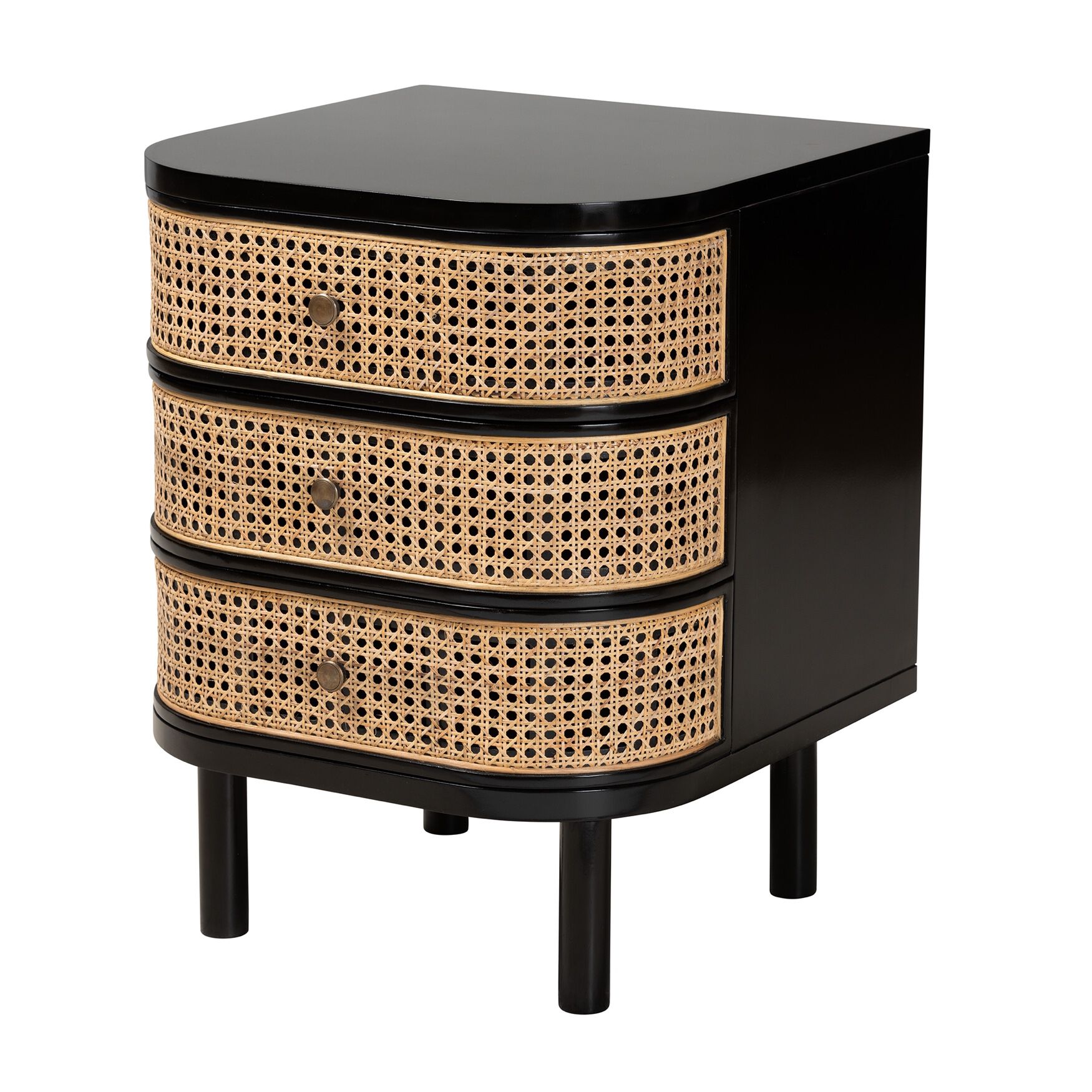 Nabila Modern Bohemian Black Bayur Wood And Natural Rattan 3-Drawer End Table Nightstand, BLACK, hi-res image number 0