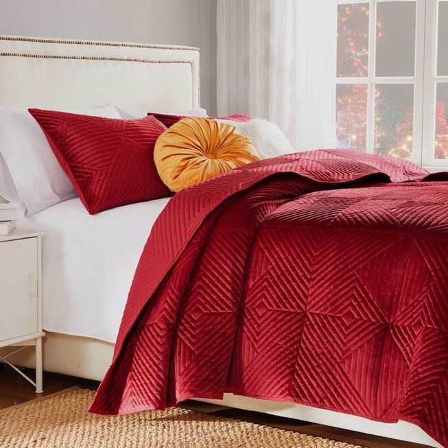 Riviera Velvet Finely Stitched Modern Quilt Set, Red, 3-Piece King, RED, alternate image number null