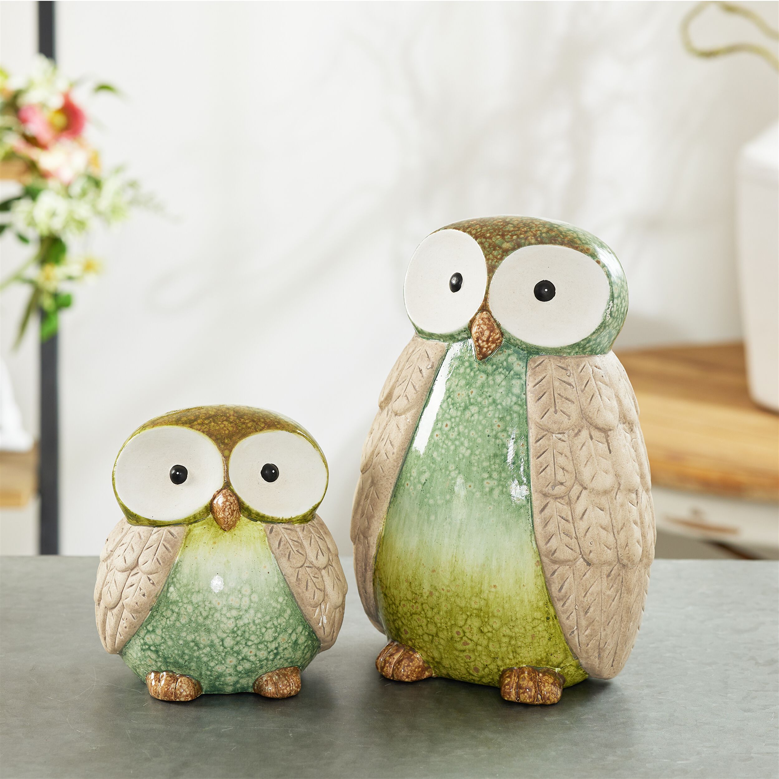 Terra Cotta Owl Decor Set of 2, GREEN BLUE, alternate image number 1