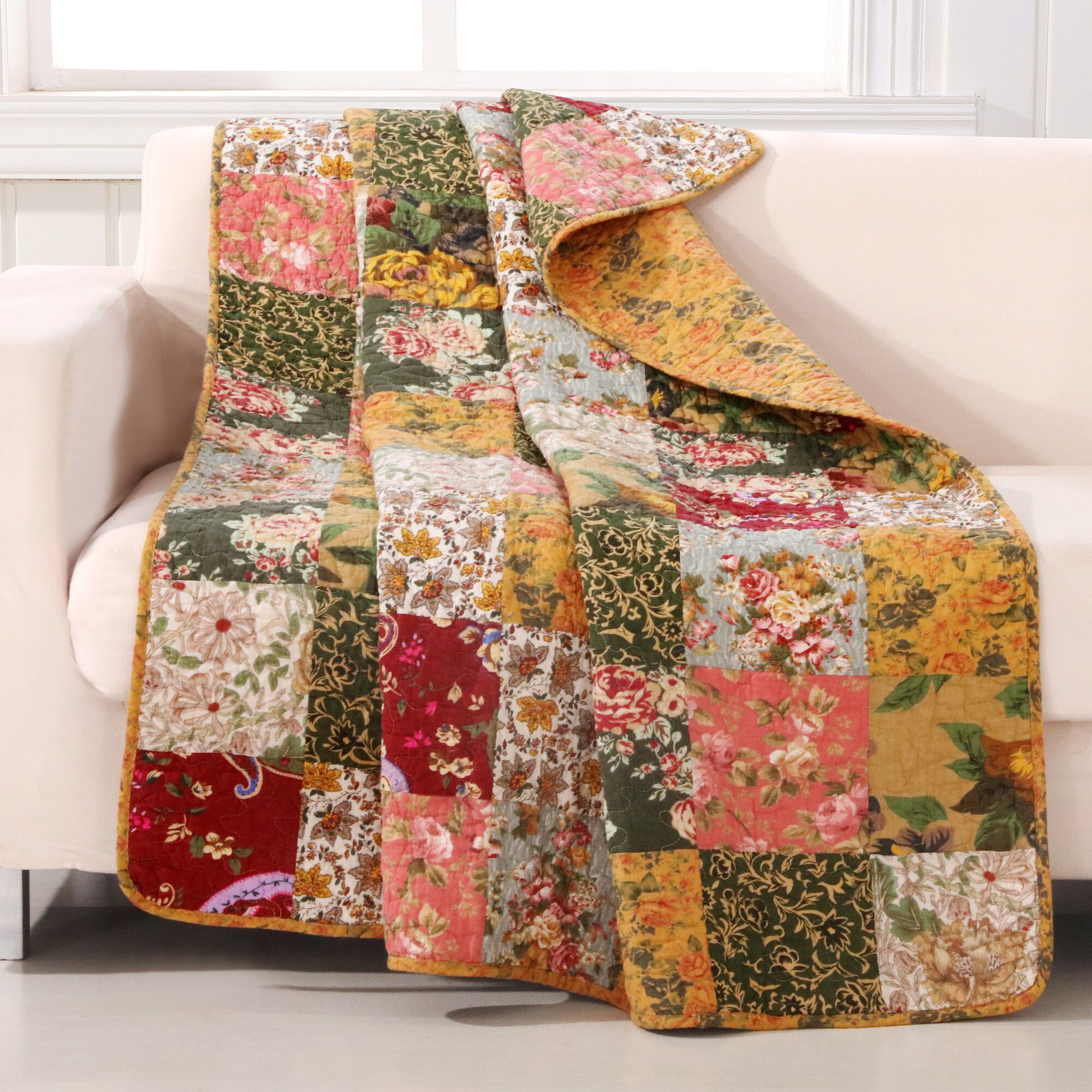 Antique Chic Floral Patchwork Quilted Throw Blanket, MULTI, hi-res image number 0