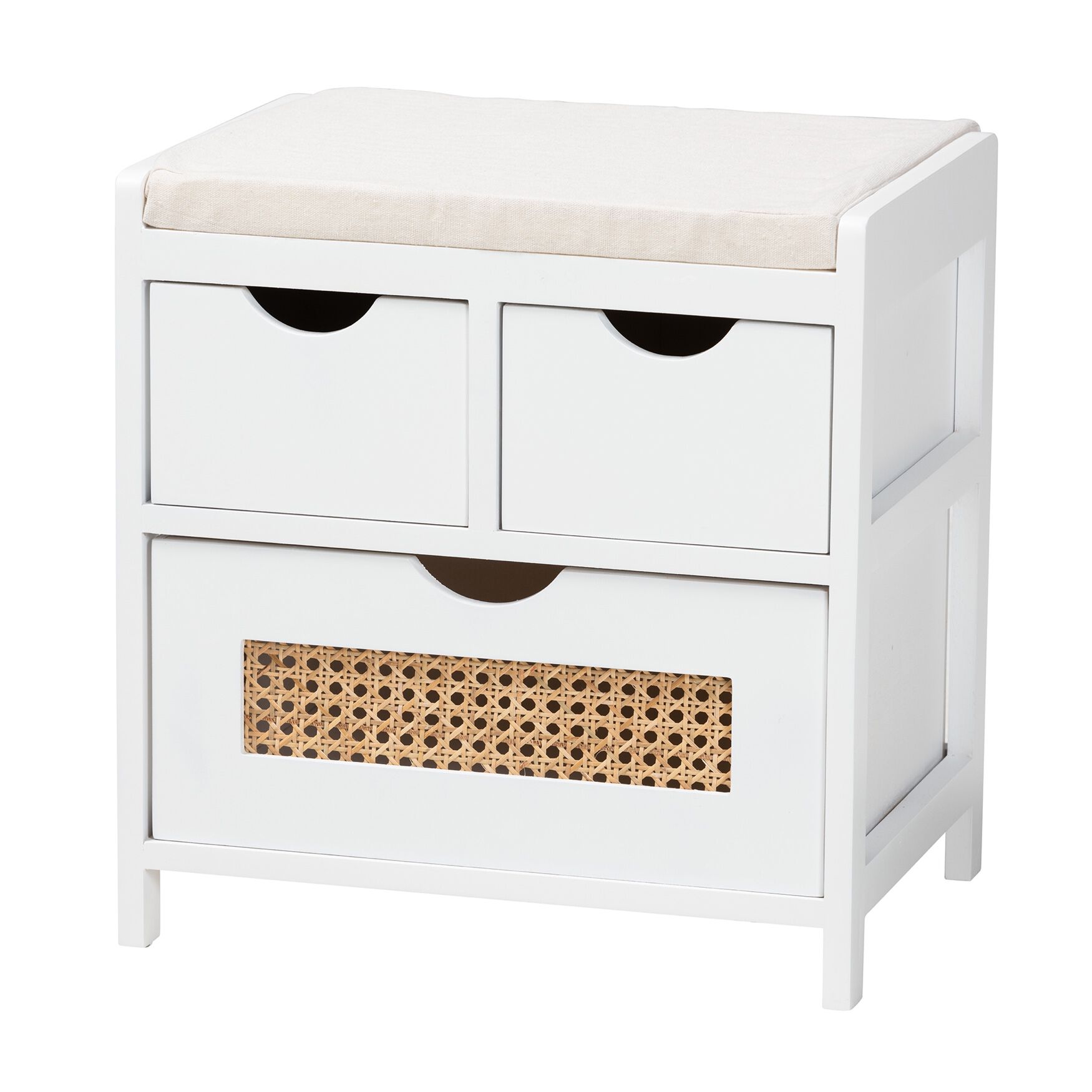 Bastian Modern And Contemporary Light Beige Fabric And White Finished Wood 3-Drawer Storage Bench With Natural Rattan, BEIGE WHITE BROWN, hi-res image number 0