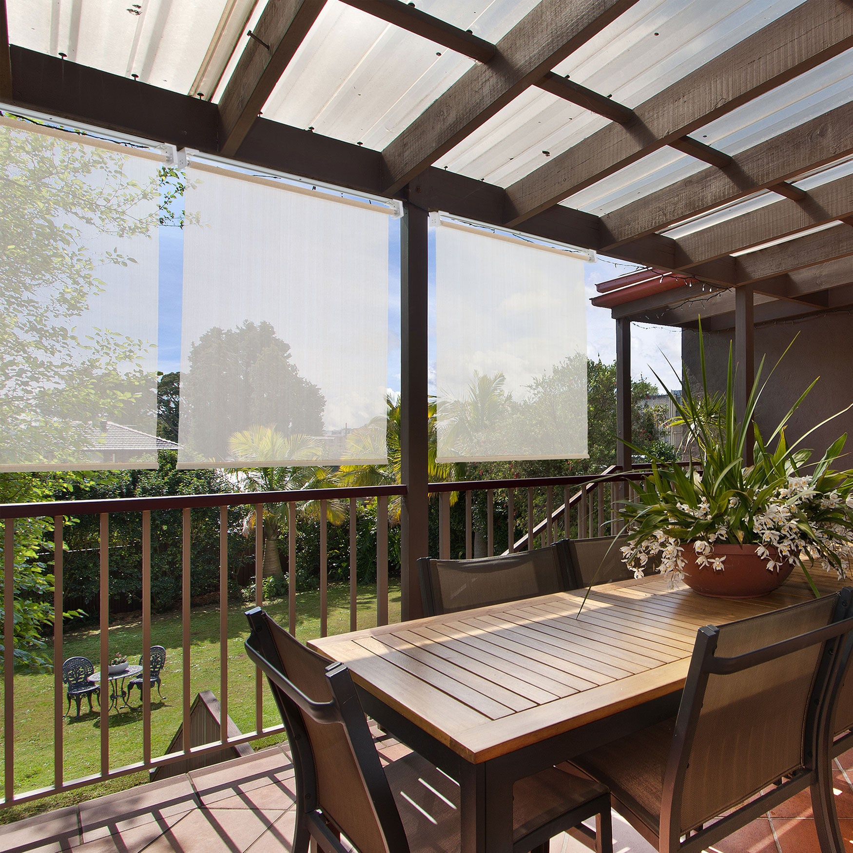 Exterior Cordless Push-Up HDPE Roller Shade, CREAM, hi-res image number 0