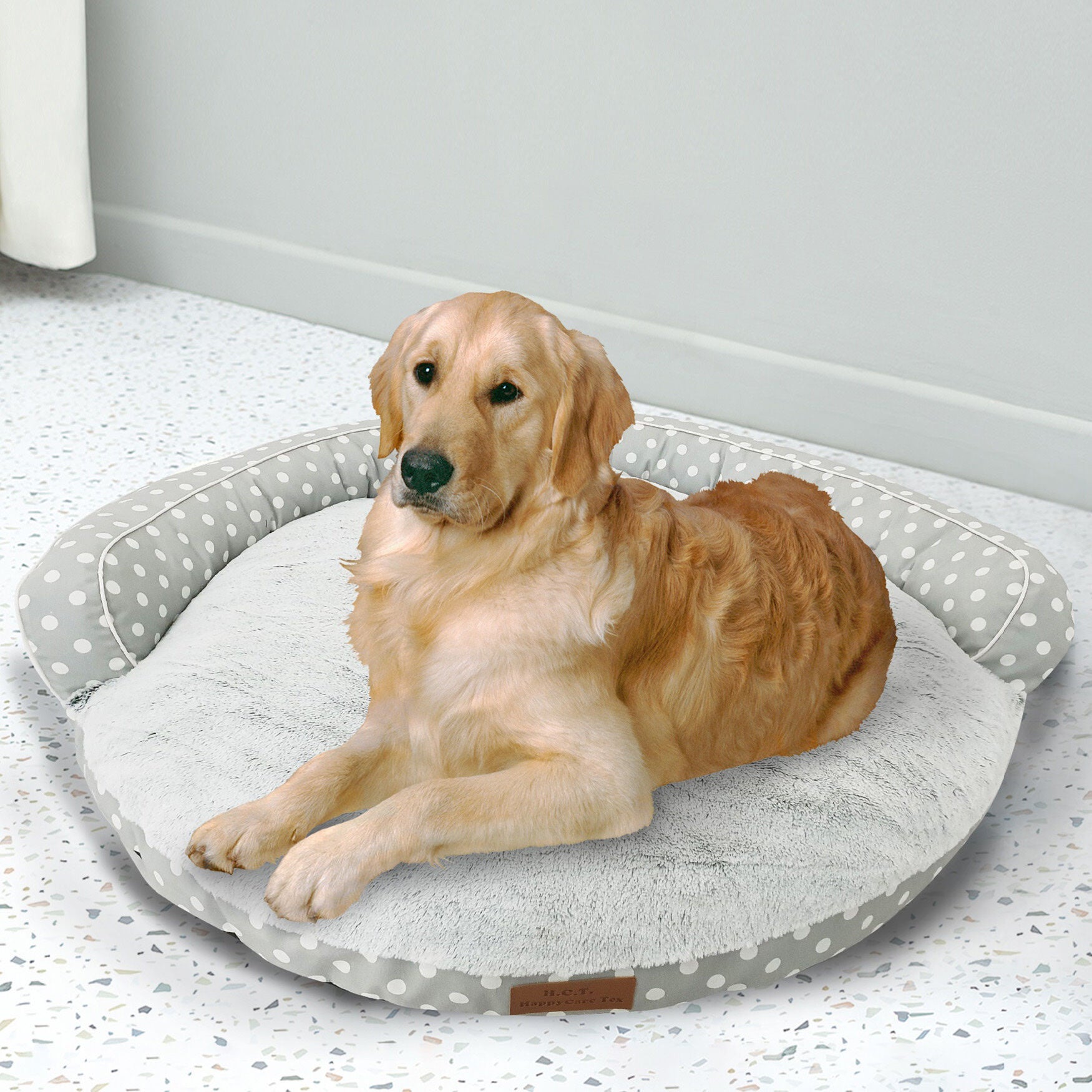 Dots Printing poly-cotton bolster with detachable faux fur cushion Large Size, GREY, hi-res image number 0