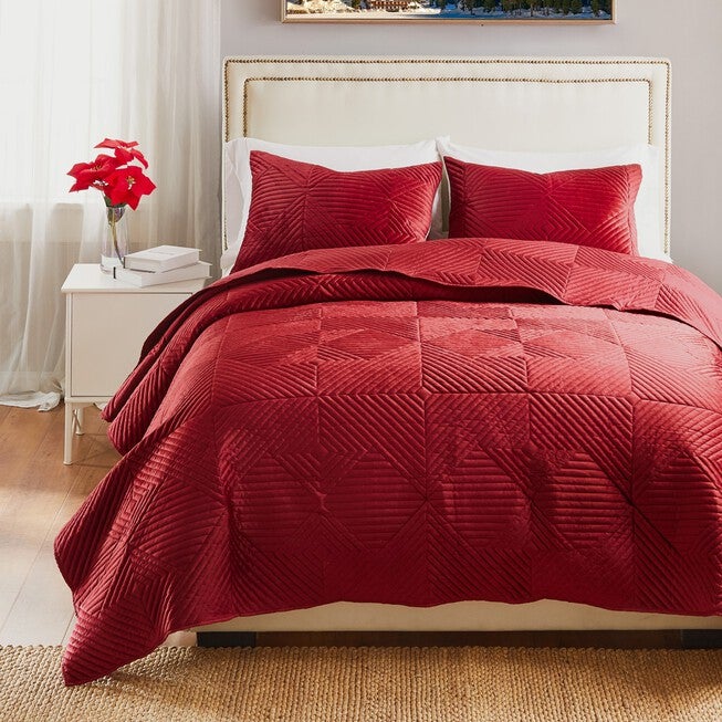 Riviera Velvet Finely Stitched Modern Quilt Set, Red, 3-Piece King, RED, alternate image number null