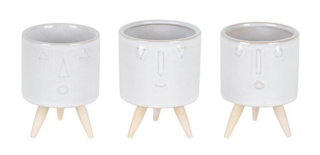 Porcelain Face Planter with Wooden Legs (Set of 3), WHITE/BROWN, hi-res image number 0