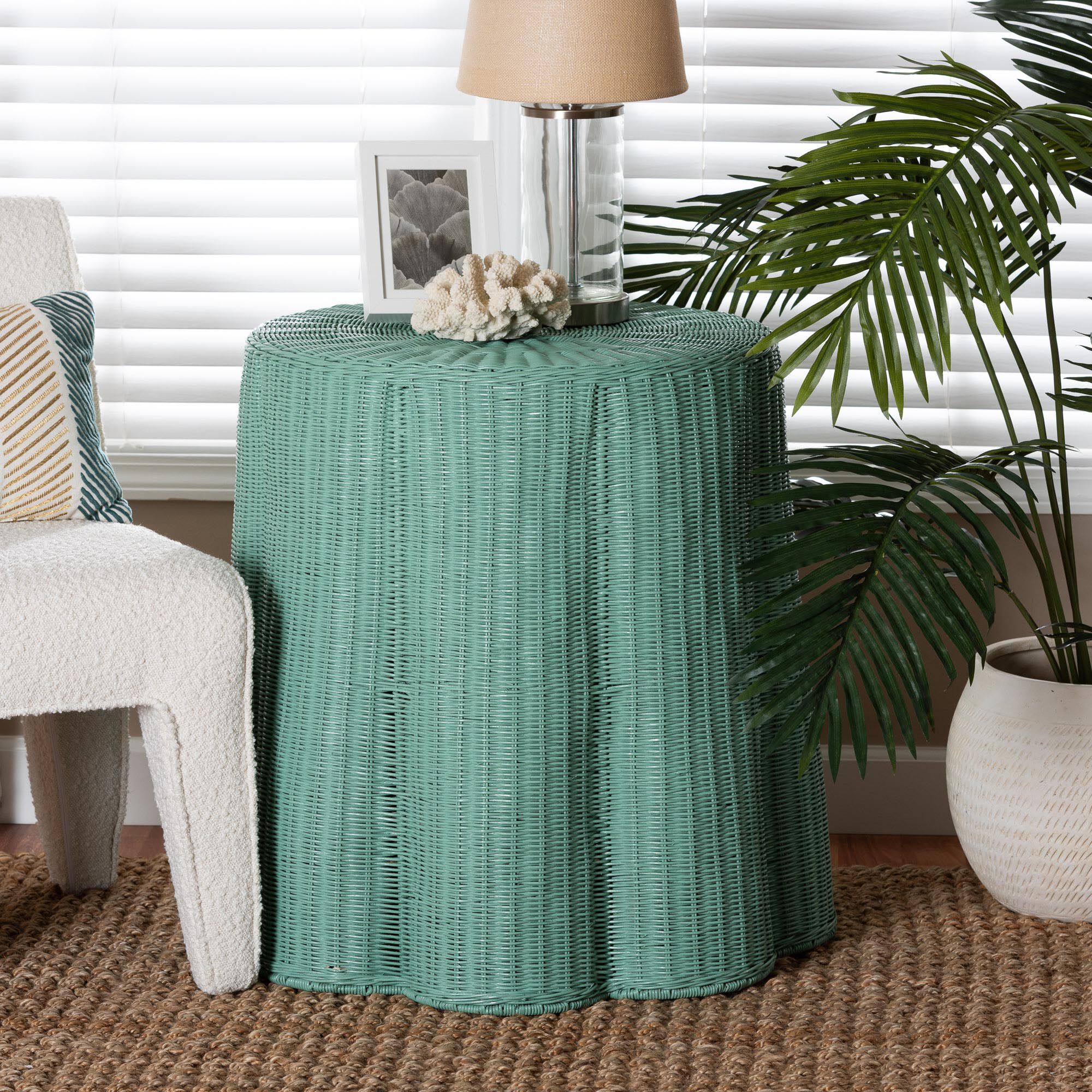 Palm Teal Green Scallop Natural Rattan Console Table, Round, TEAL GREEN, alternate image number 5